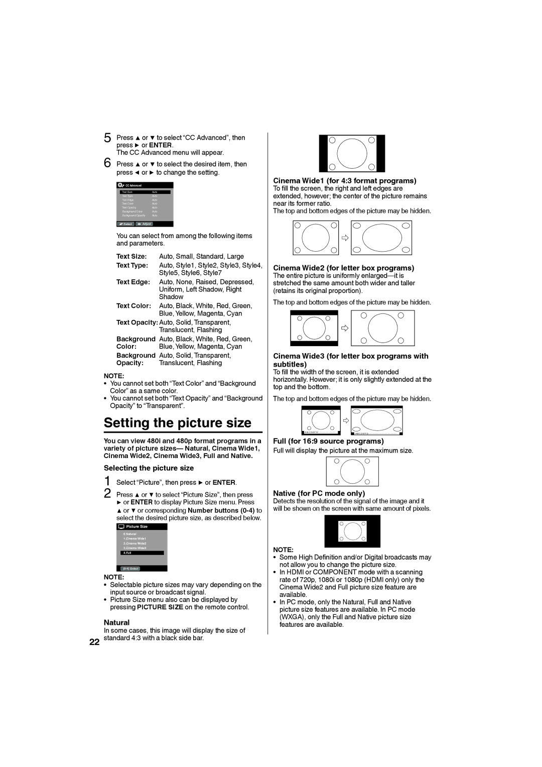 Sansui HDLCD2650, HDLCD3250 owner manual Setting the picture size 