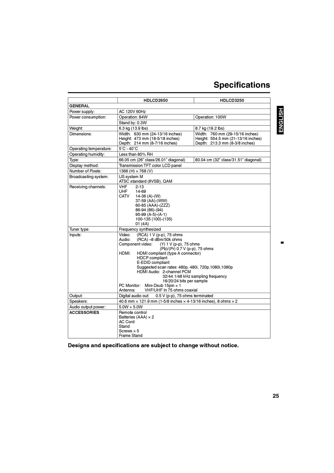 Sansui owner manual Specifications, HDLCD2650 HDLCD3250 General, Accessories 