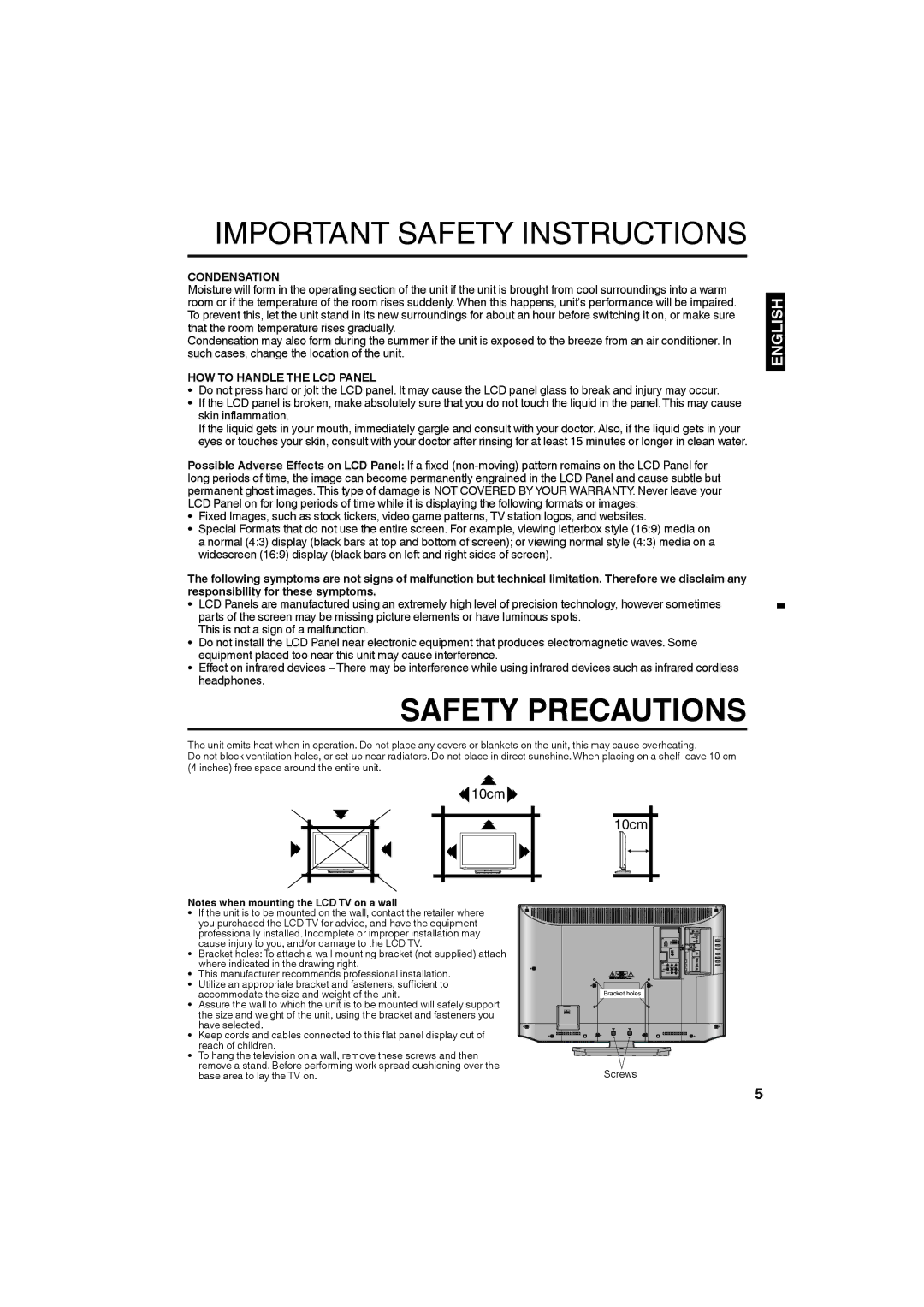 Sansui HDLCD3250, HDLCD2650 owner manual Condensation, HOW to Handle the LCD Panel 