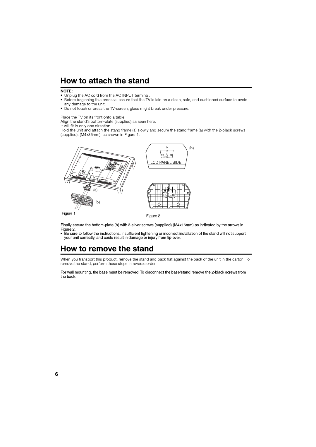 Sansui HDLCD2650, HDLCD3250 owner manual How to attach the stand, How to remove the stand, LCD Panel Side 