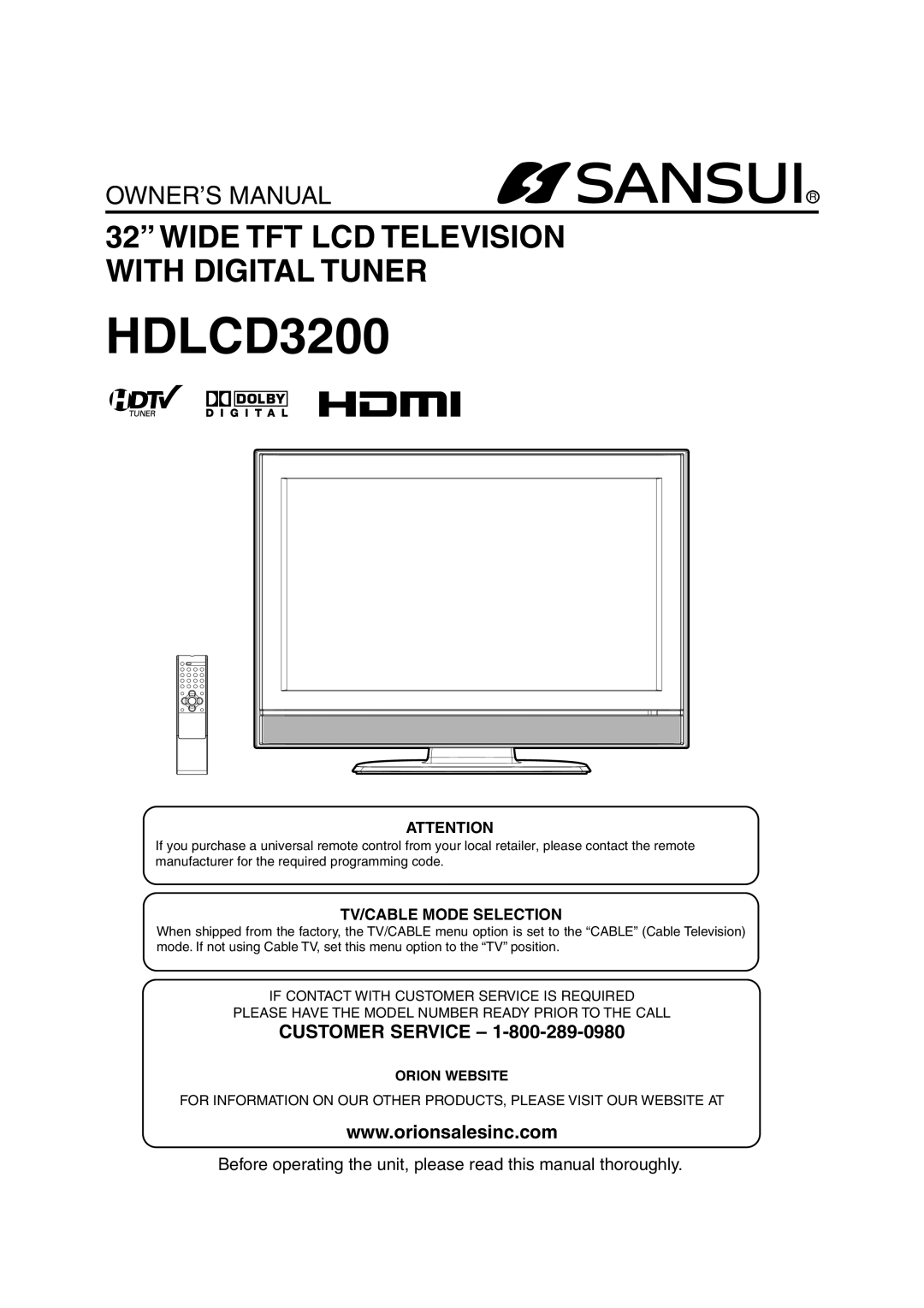 Sansui HDLCD3200 owner manual Customer Service, Orion Website 