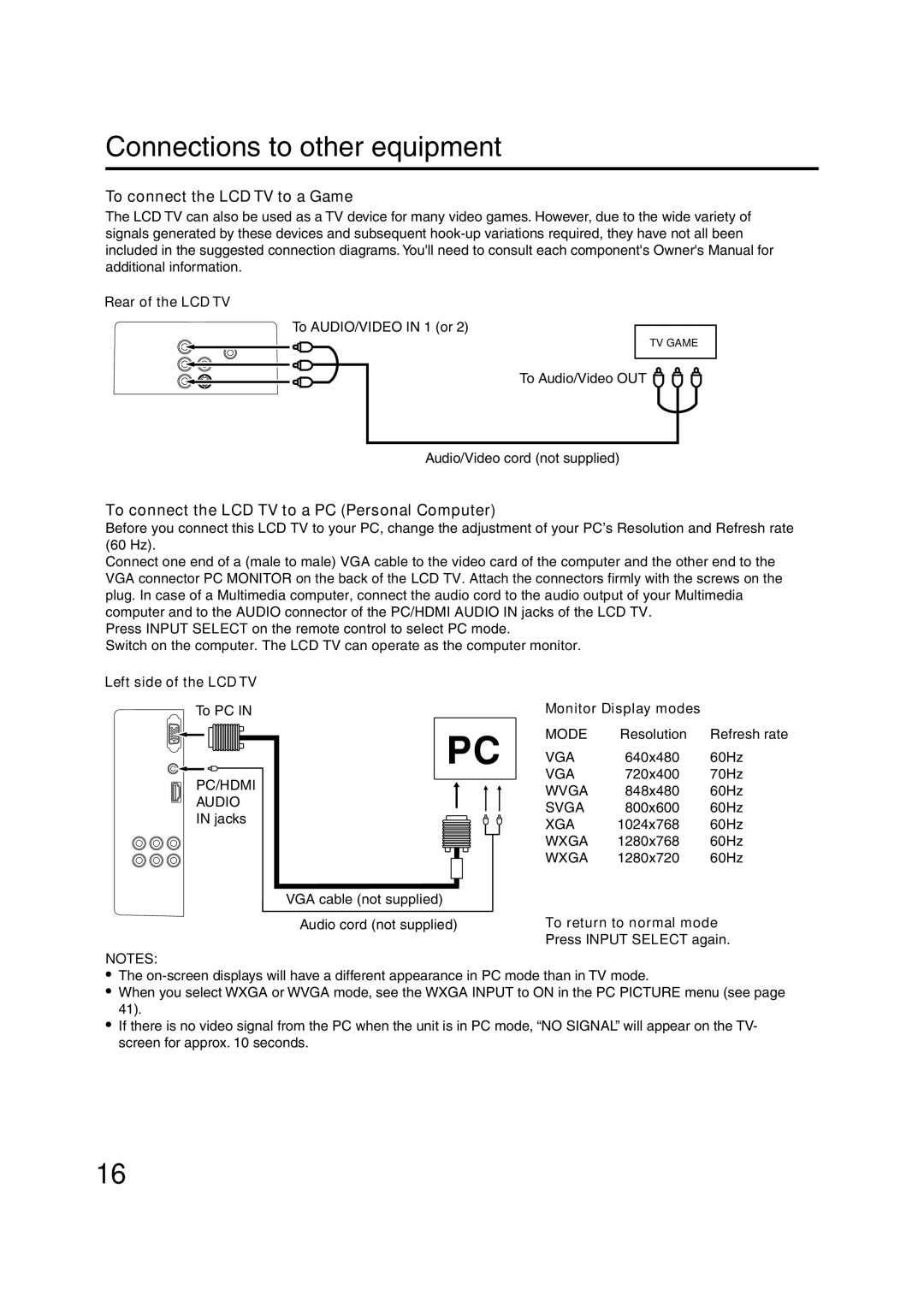 Sansui HDLCD3200 To connect the LCD TV to a Game, To connect the LCD TV to a PC Personal Computer, Monitor Display modes 