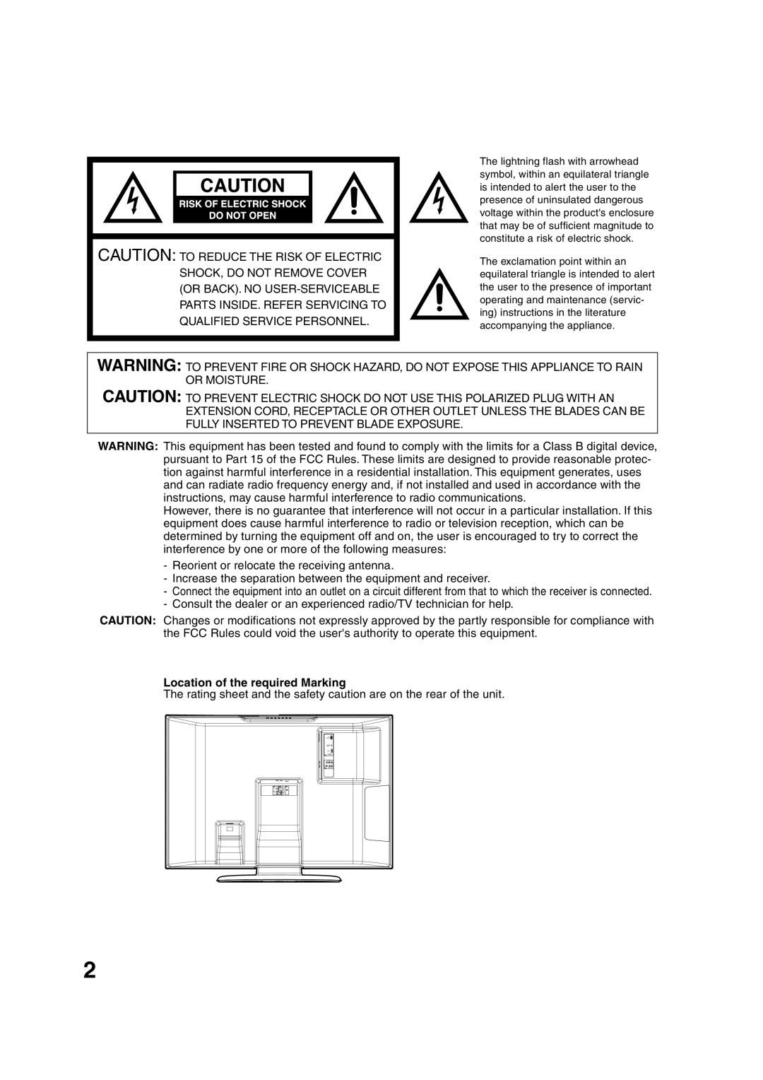 Sansui HDLCD3200 owner manual SHOCK, do not Remove Cover, Or BACK. no USER-SERVICEABLE, Qualified Service Personnel 