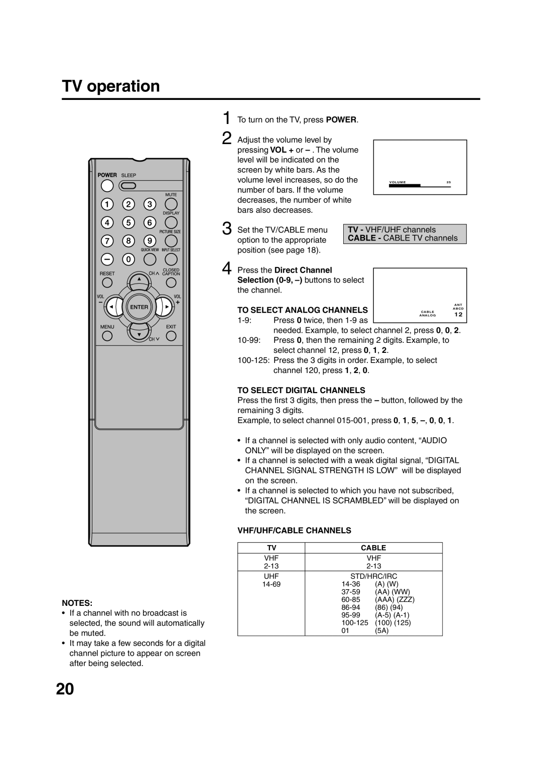 Sansui HDLCD3200 owner manual TV operation, To Select Analog Channels, To Select Digital Channels, VHF/UHF/CABLE Channels 