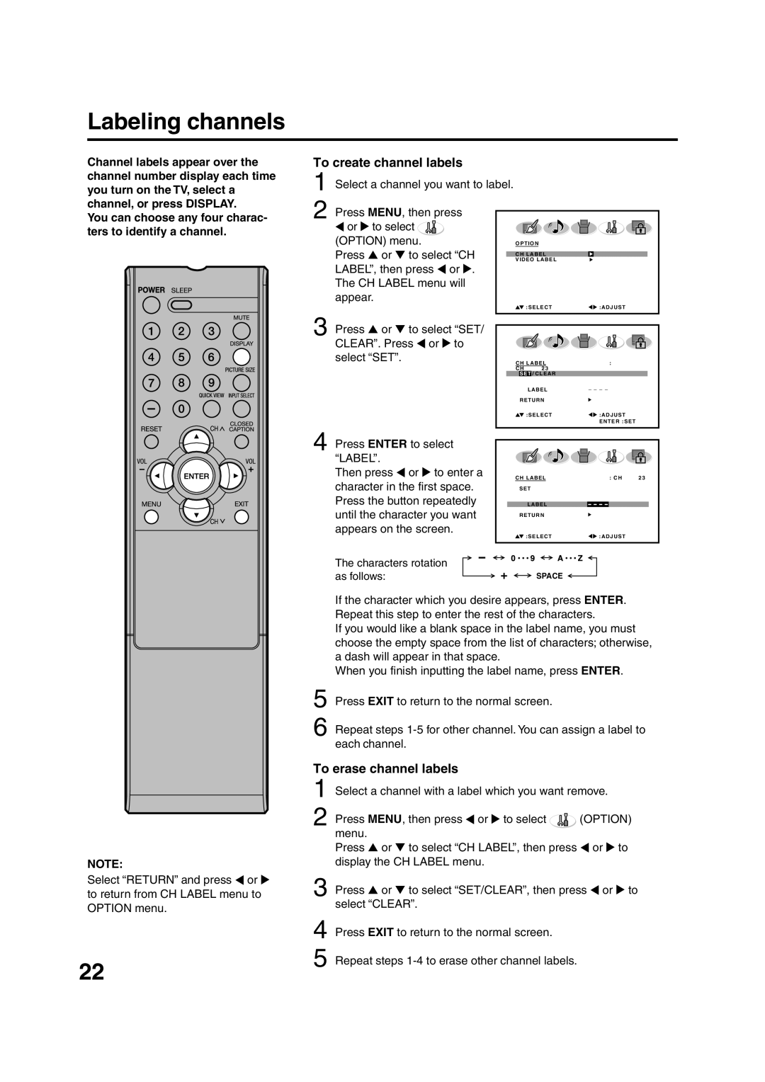 Sansui HDLCD3200 owner manual Labeling channels, To create channel labels, To erase channel labels, Option 