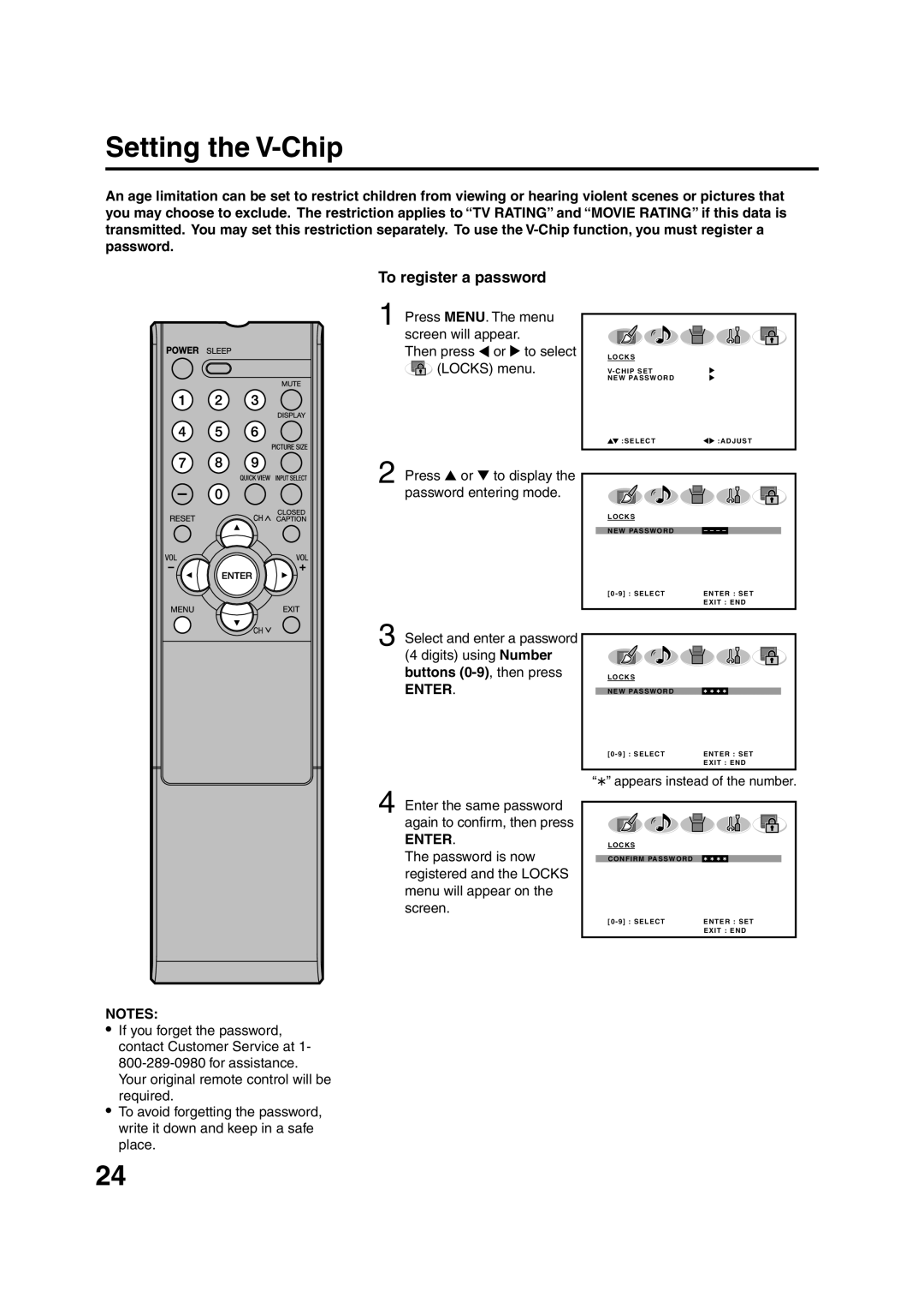 Sansui HDLCD3200 owner manual Setting the V-Chip, To register a password, Buttons 0-9, then press, Enter 