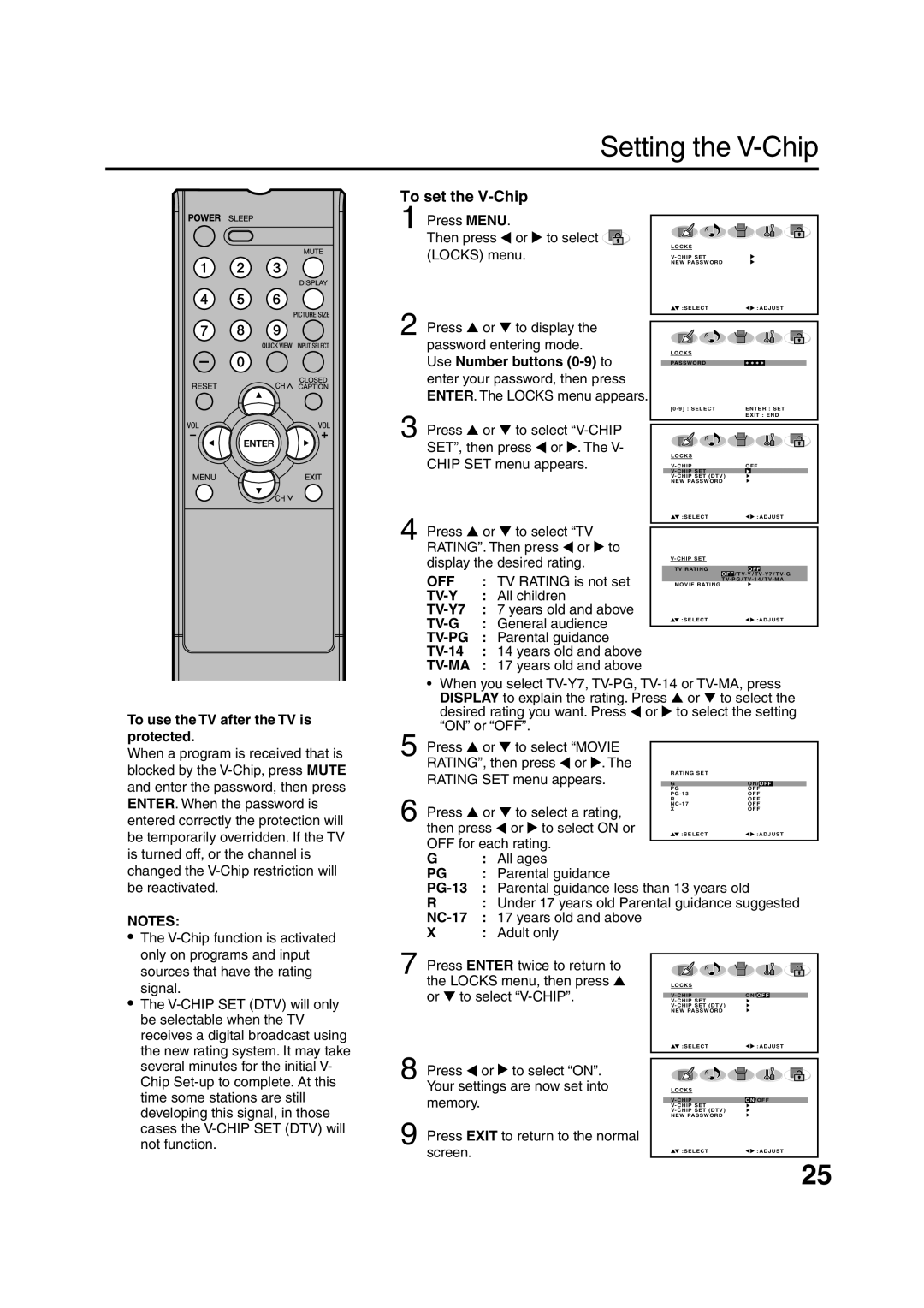 Sansui HDLCD3200 owner manual To set the V-Chip, To use the TV after the TV is protected 