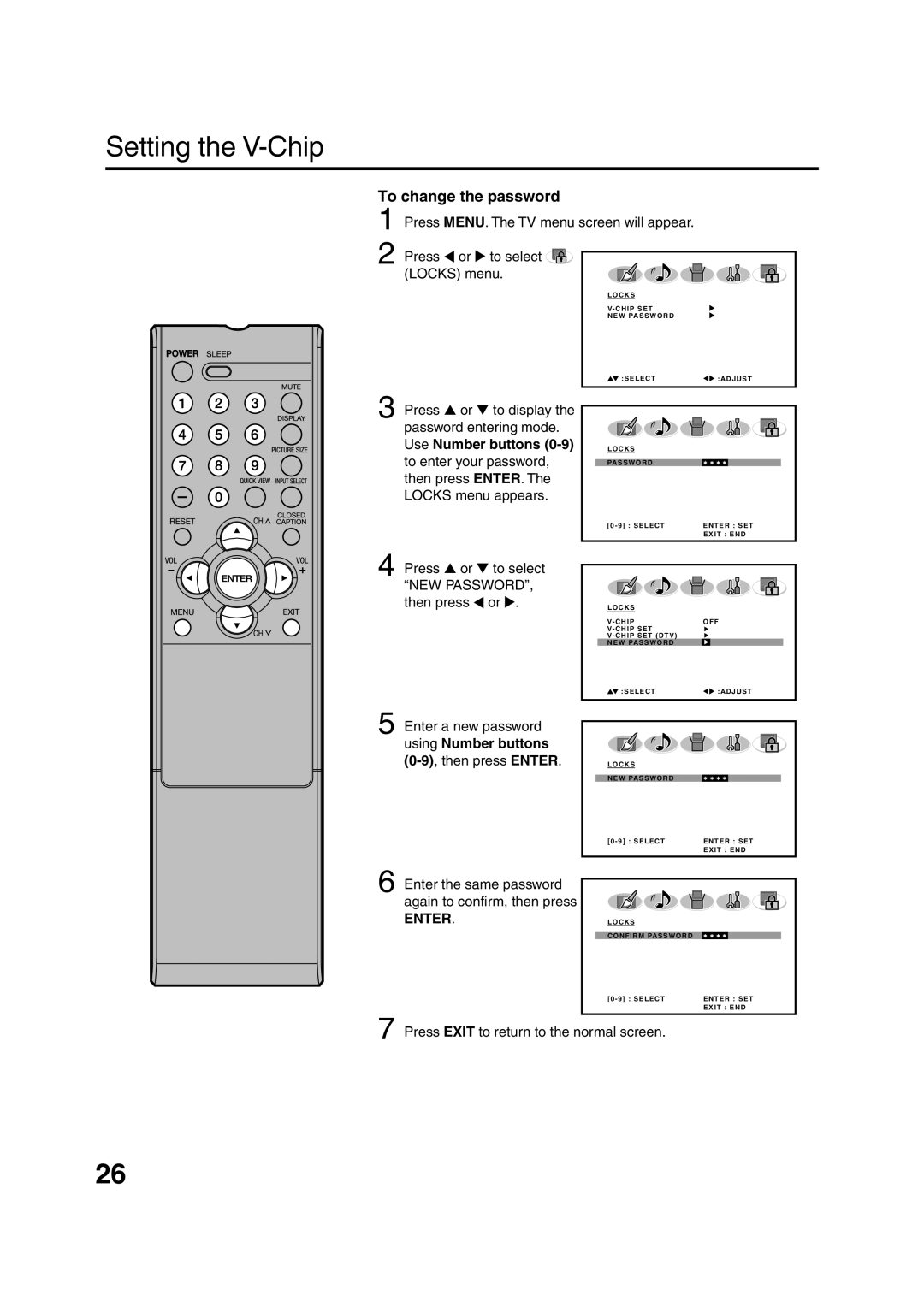 Sansui HDLCD3200 owner manual To change the password, Locks menu, Use Number buttons, NEW Password 