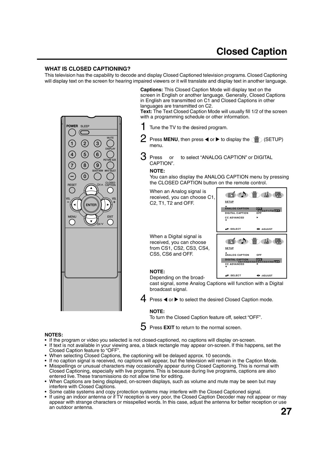 Sansui HDLCD3200 owner manual Closed Caption, Setup, CS5, CS6 and OFF, Depending on the broad 