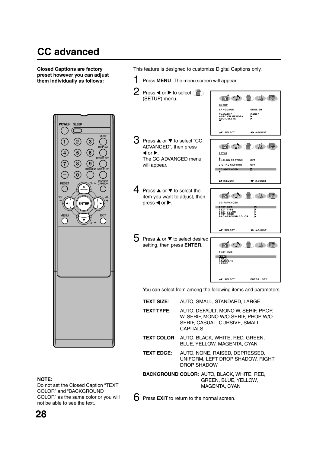 Sansui HDLCD3200 owner manual CC advanced, Press or to select desired setting, then press Enter 