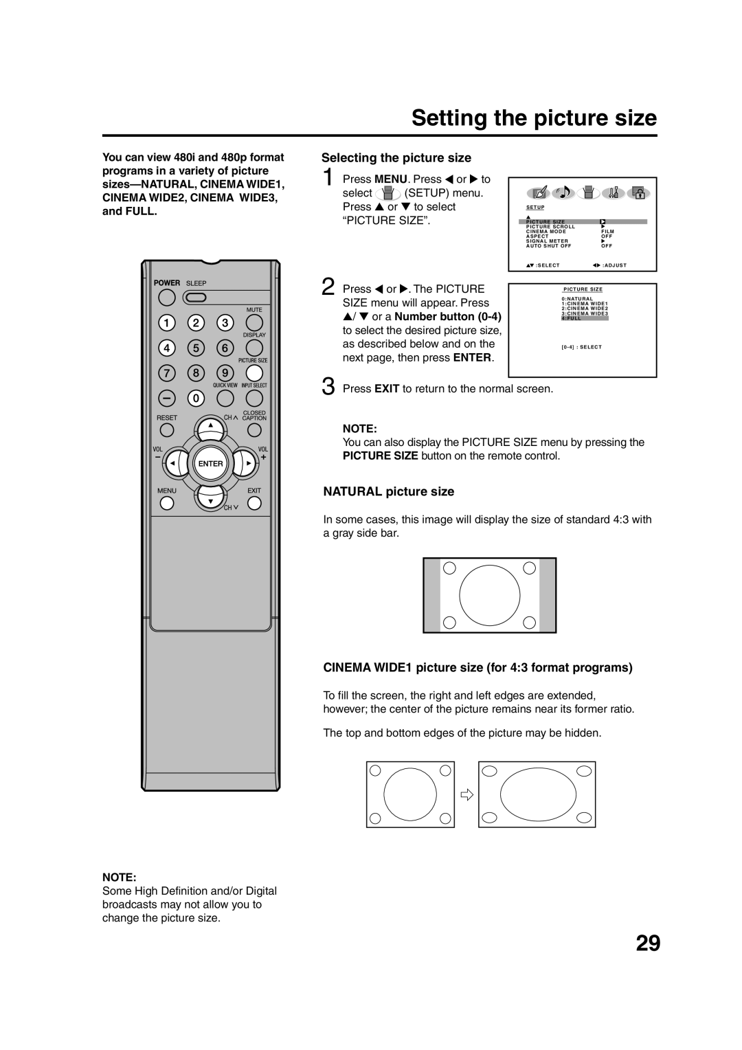 Sansui HDLCD3200 Setting the picture size, Selecting the picture size, Natural picture size, Or a Number button 