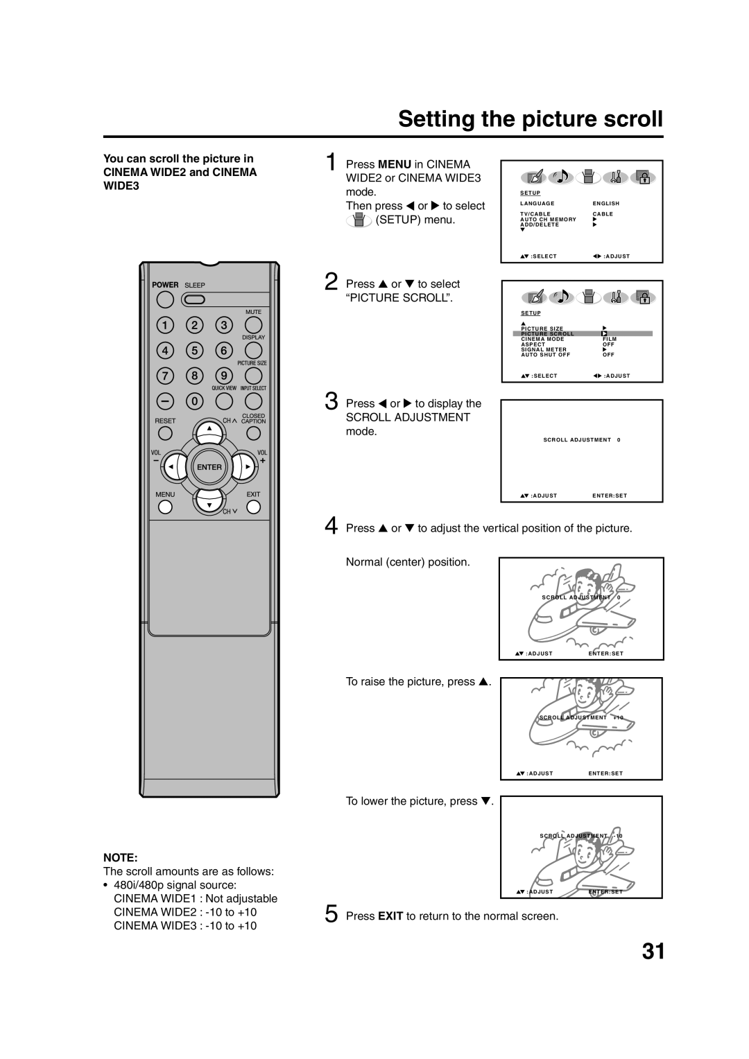 Sansui HDLCD3200 Setting the picture scroll, You can scroll the picture in Cinema WIDE2 and Cinema WIDE3, Picture Scroll 