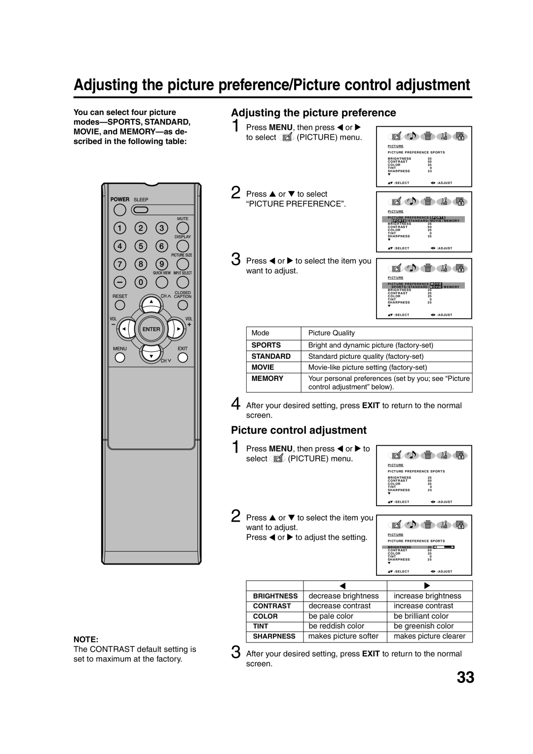 Sansui HDLCD3200 owner manual Adjusting the picture preference, Picture control adjustment, Picture Preference 