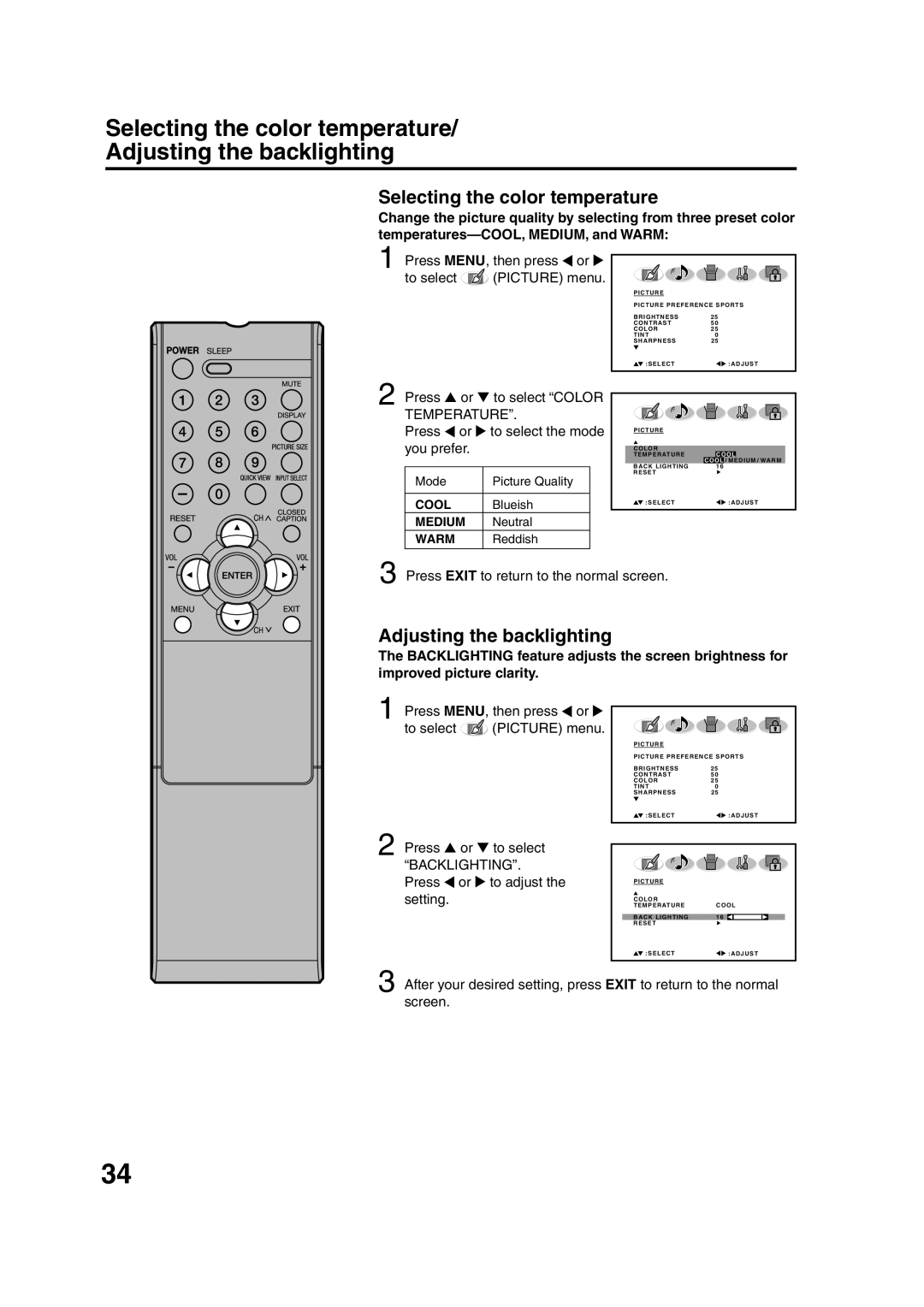 Sansui HDLCD3200 owner manual Selecting the color temperature, Adjusting the backlighting 