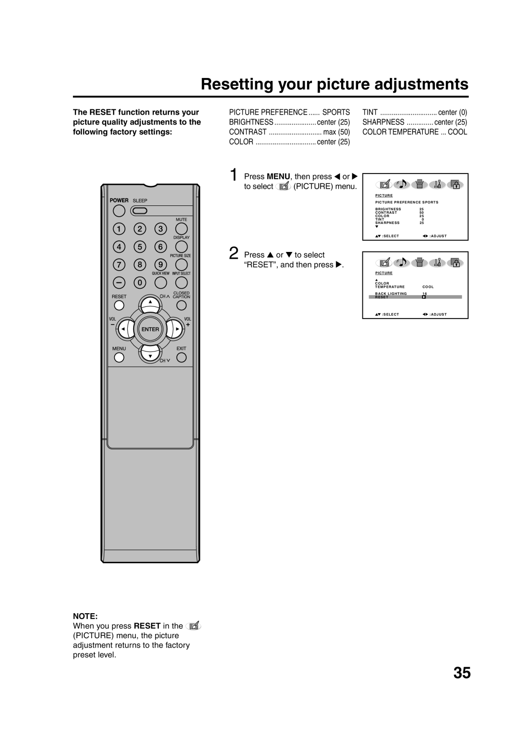 Sansui HDLCD3200 owner manual Resetting your picture adjustments, Press MENU, then press To select Picture menu 