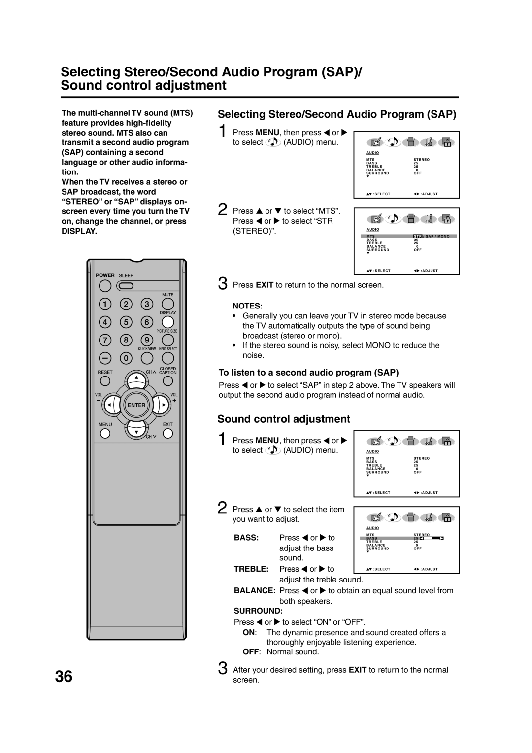 Sansui HDLCD3200 owner manual Selecting Stereo/Second Audio Program SAP, Sound control adjustment 