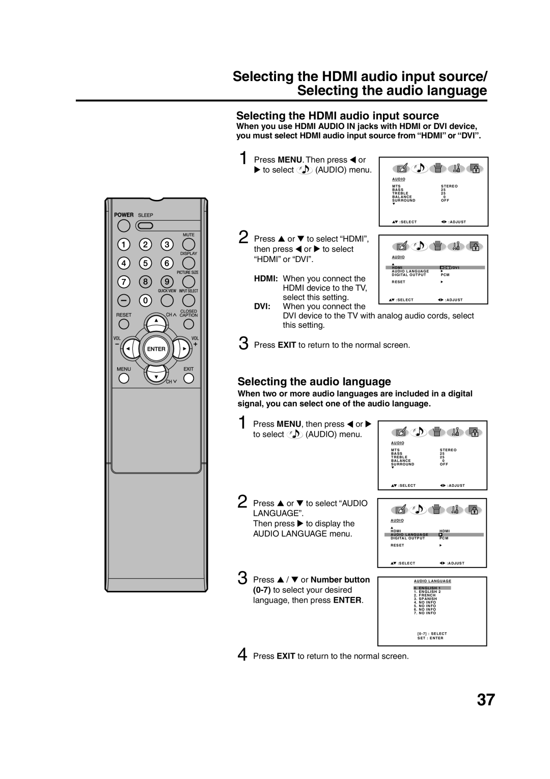 Sansui HDLCD3200 owner manual Selecting the Hdmi audio input source, Selecting the audio language 