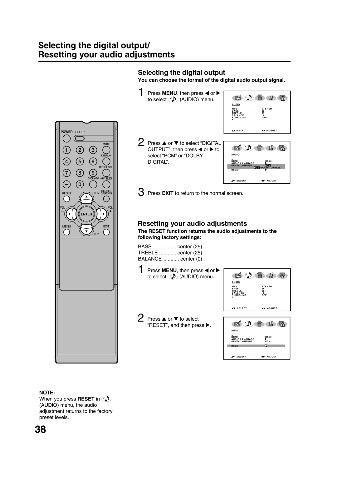 Sansui HDLCD3200 owner manual Selecting the digital output, Resetting your audio adjustments, Bass, Treble, Balance 