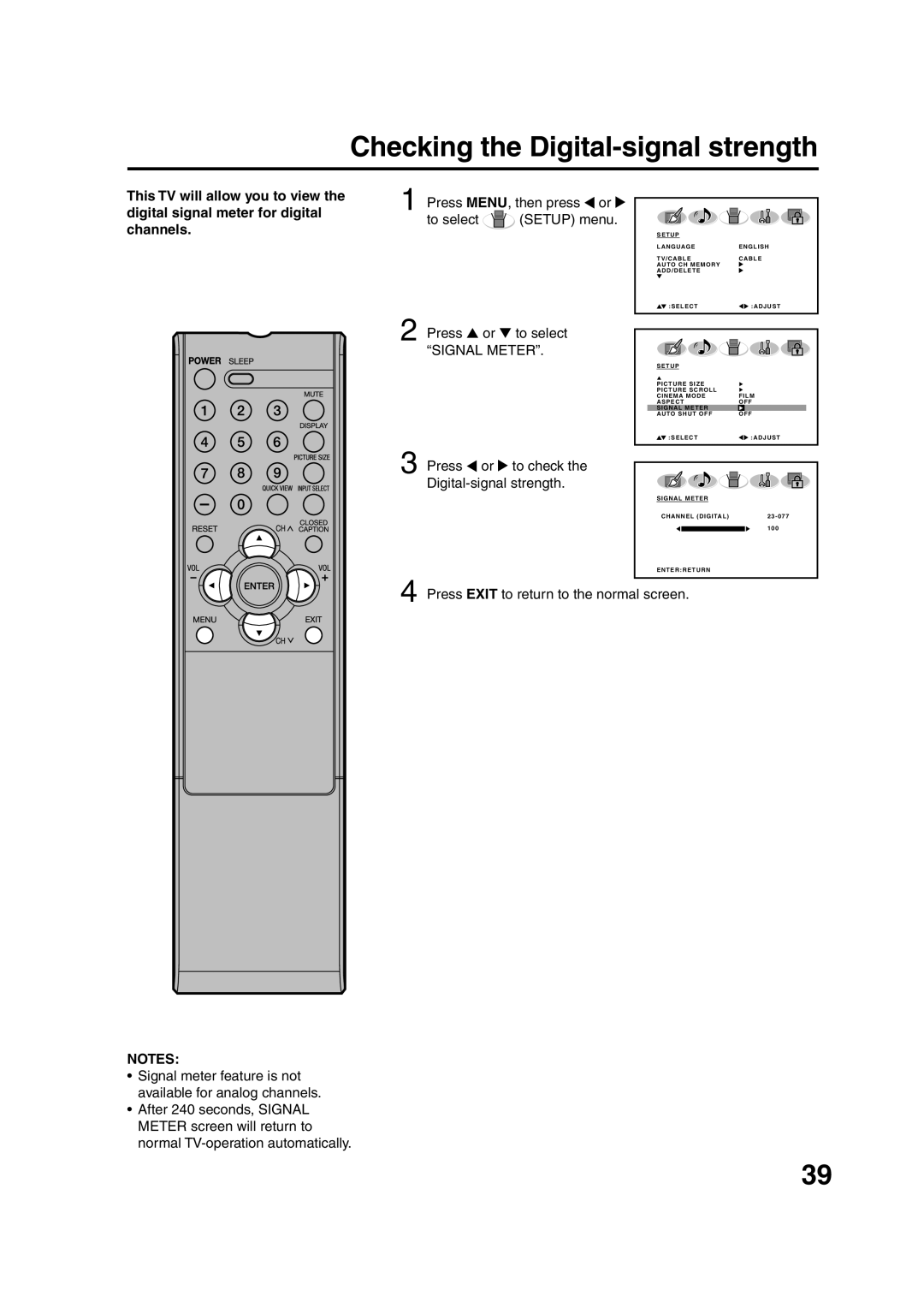 Sansui HDLCD3200 owner manual Checking the Digital-signal strength, Press MENU, then press or To select Setup menu 