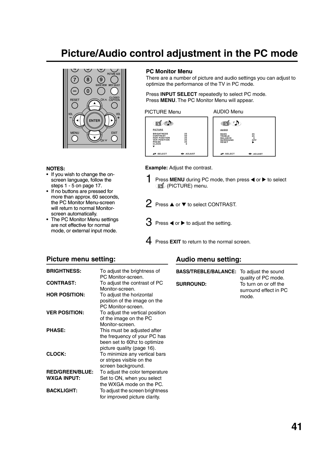 Sansui HDLCD3200 owner manual Picture/Audio control adjustment in the PC mode, Picture menu setting, Audio menu setting 