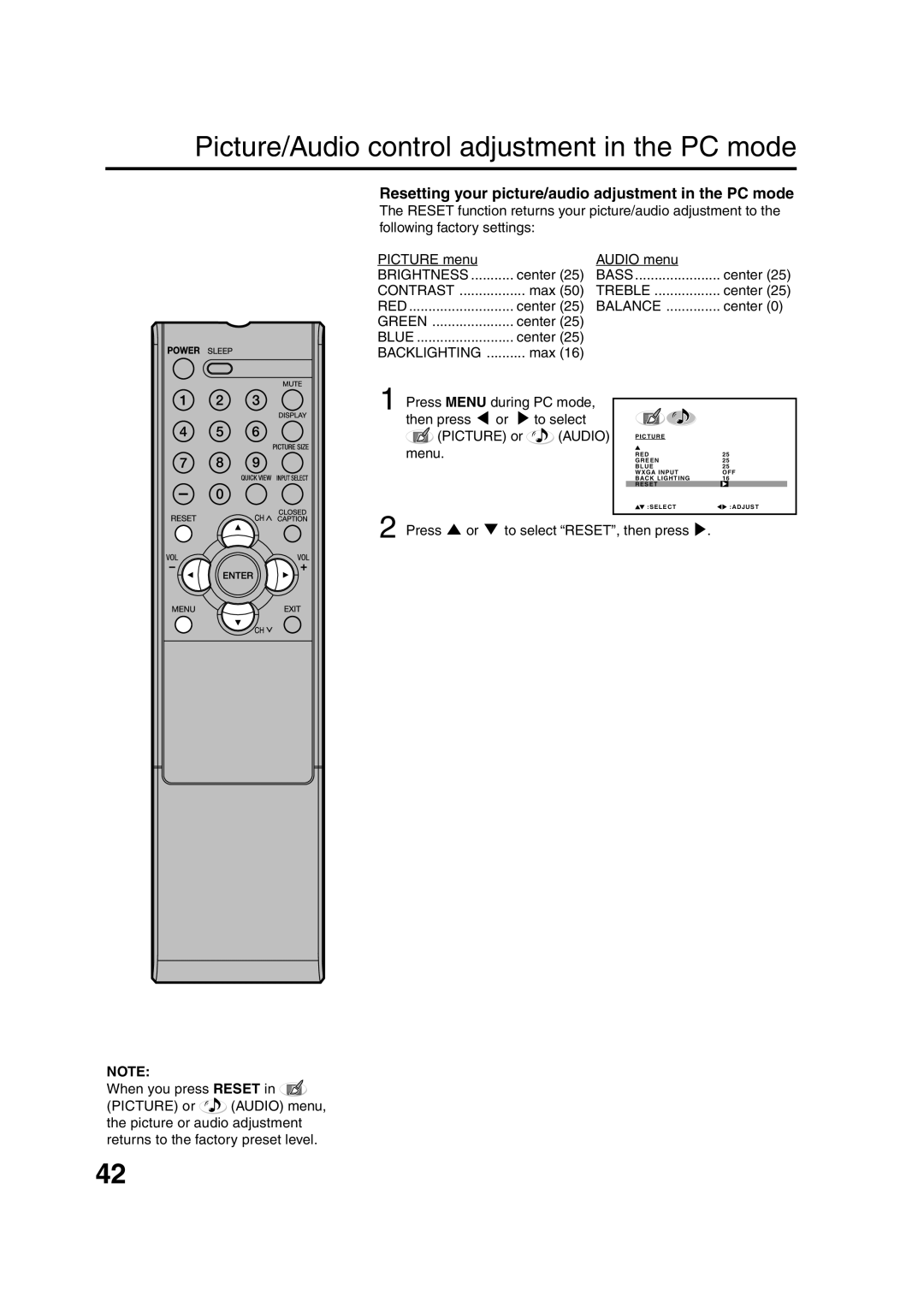 Sansui HDLCD3200 owner manual Resetting your picture/audio adjustment in the PC mode, Audio 