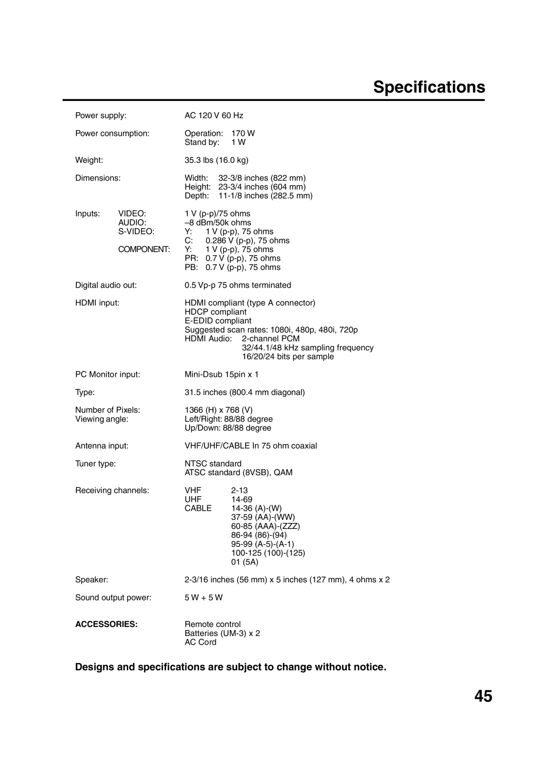 Sansui HDLCD3200 owner manual Specifications, Accessories 