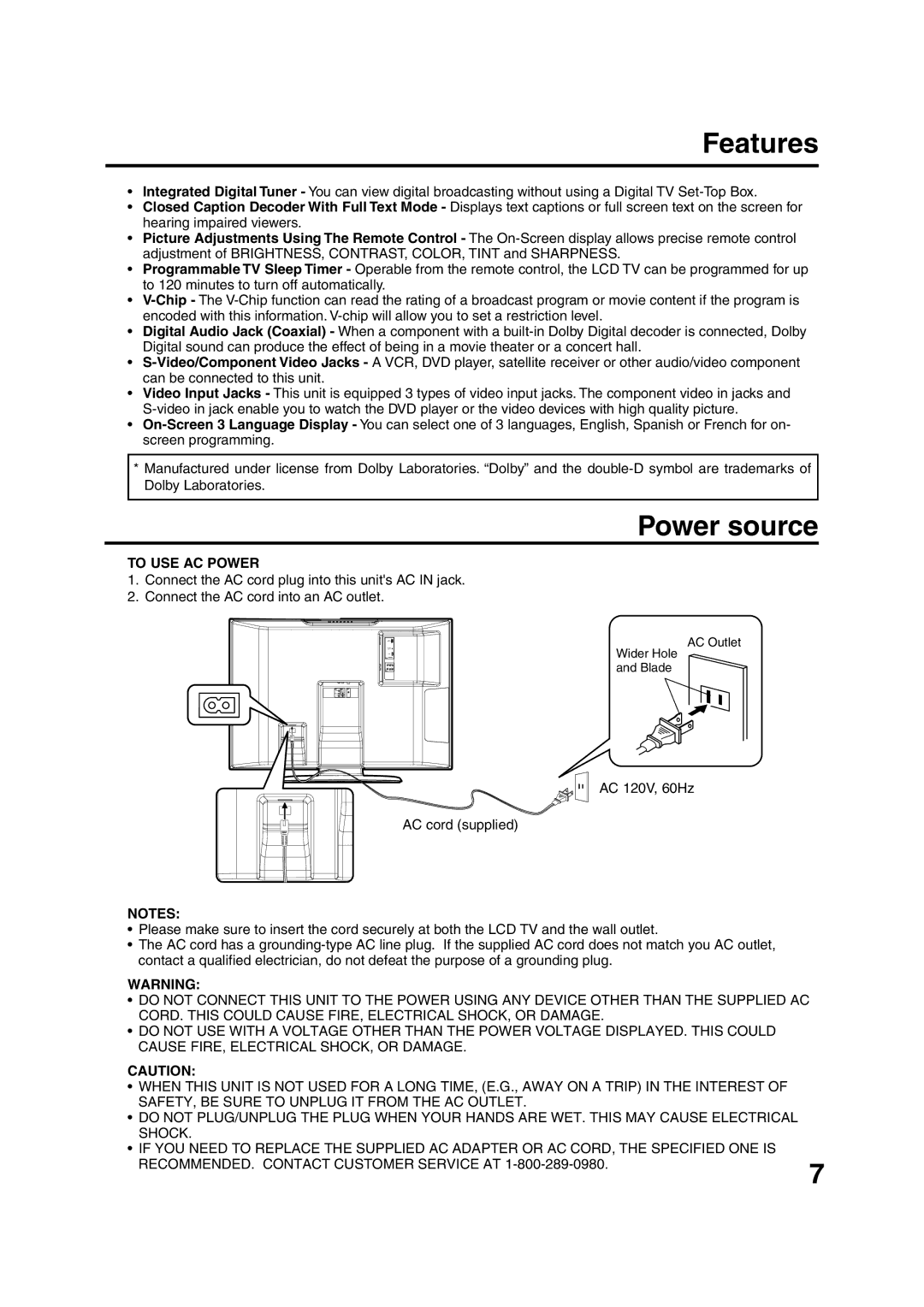 Sansui HDLCD3200 owner manual Features, Power source, To USE AC Power 