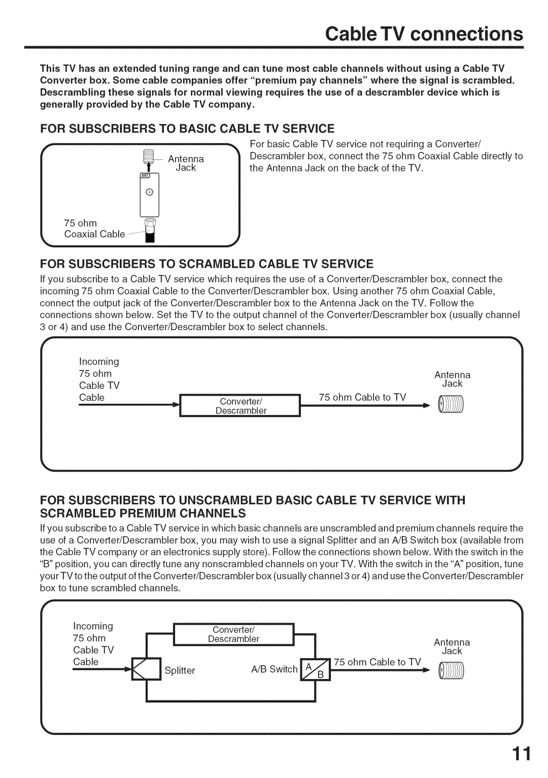 Sansui HDLCD3200A owner manual Cable TV connections, Cable TV Service 