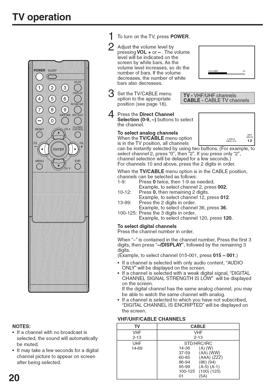 Sansui HDLCD3200A owner manual TV operation, VHF/UHF/CABLE Channels 