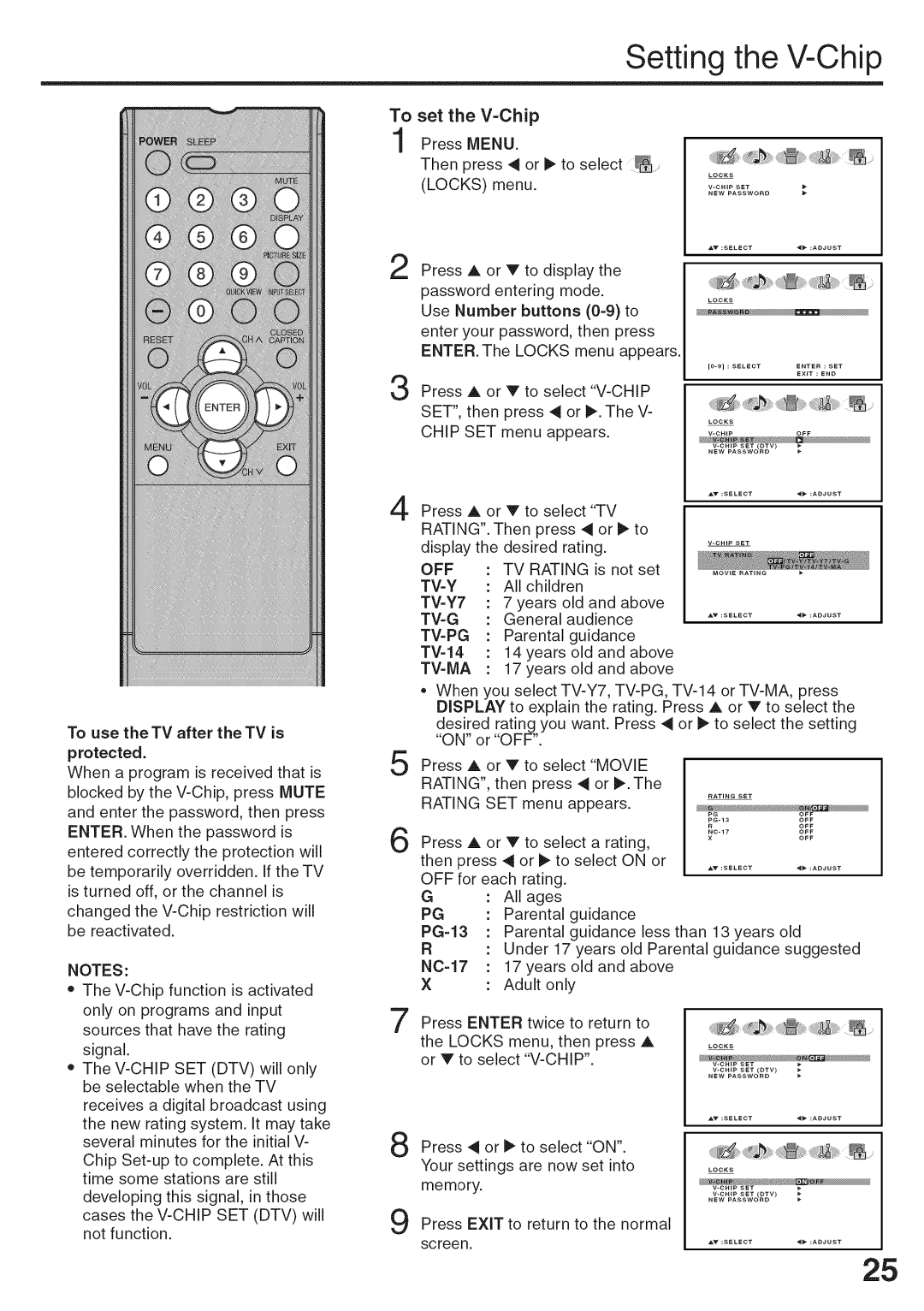 Sansui HDLCD3200A owner manual Setting the V-Chip, Protected 