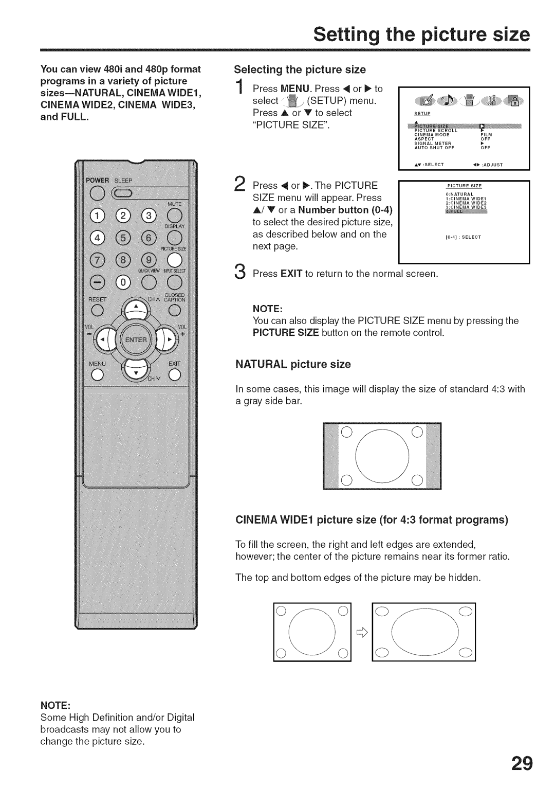 Sansui HDLCD3200A owner manual Setting the picture size, Picture Size, Natural picture size 