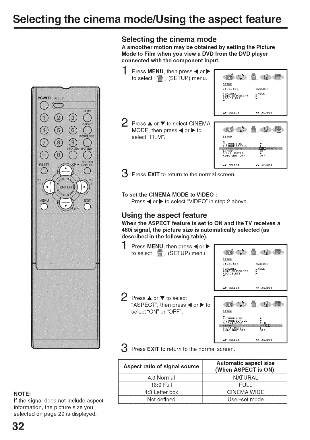 Sansui HDLCD3200A Using the aspect feature, Select Film, To select Setup menu, Automatic aspect size, When Aspect is on 