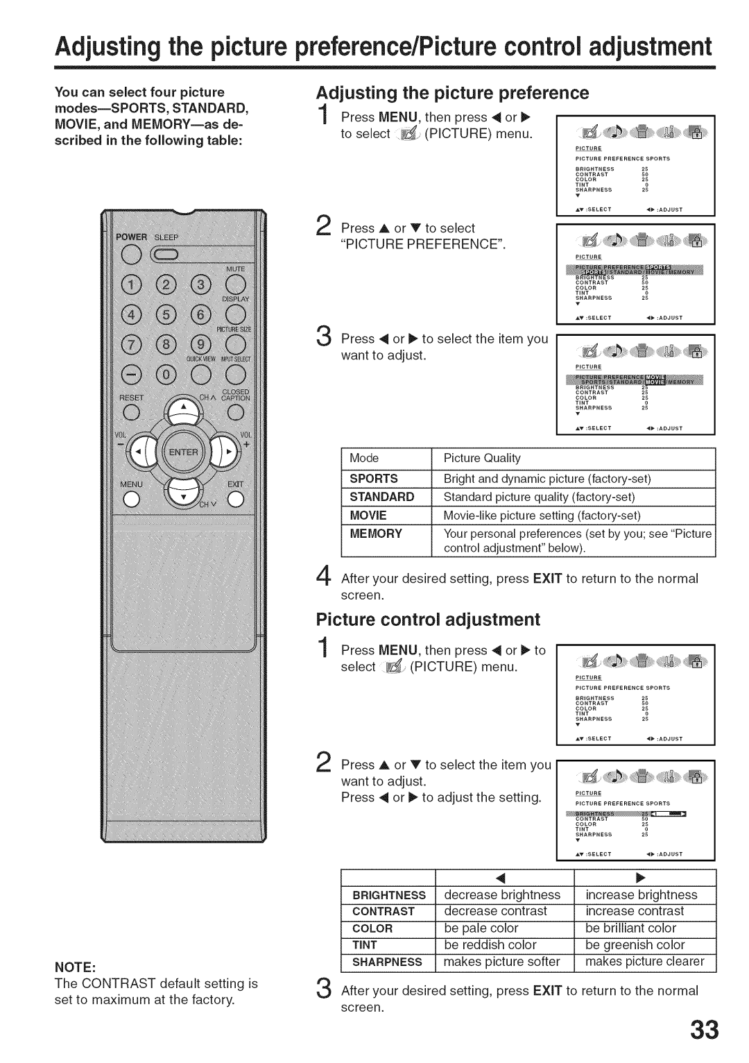 Sansui HDLCD3200A owner manual Picture control adjustment, Picture Preference, You can select four Picture, Standard 