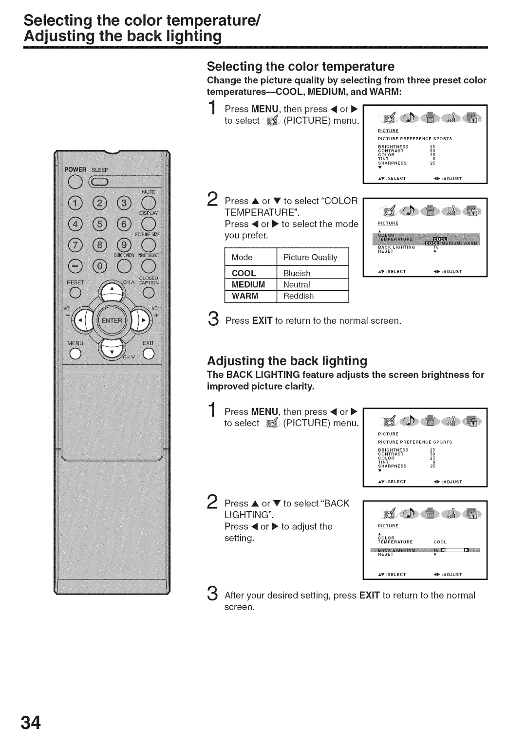 Sansui HDLCD3200A owner manual Selecting the color temperature Adjusting the back lighting 