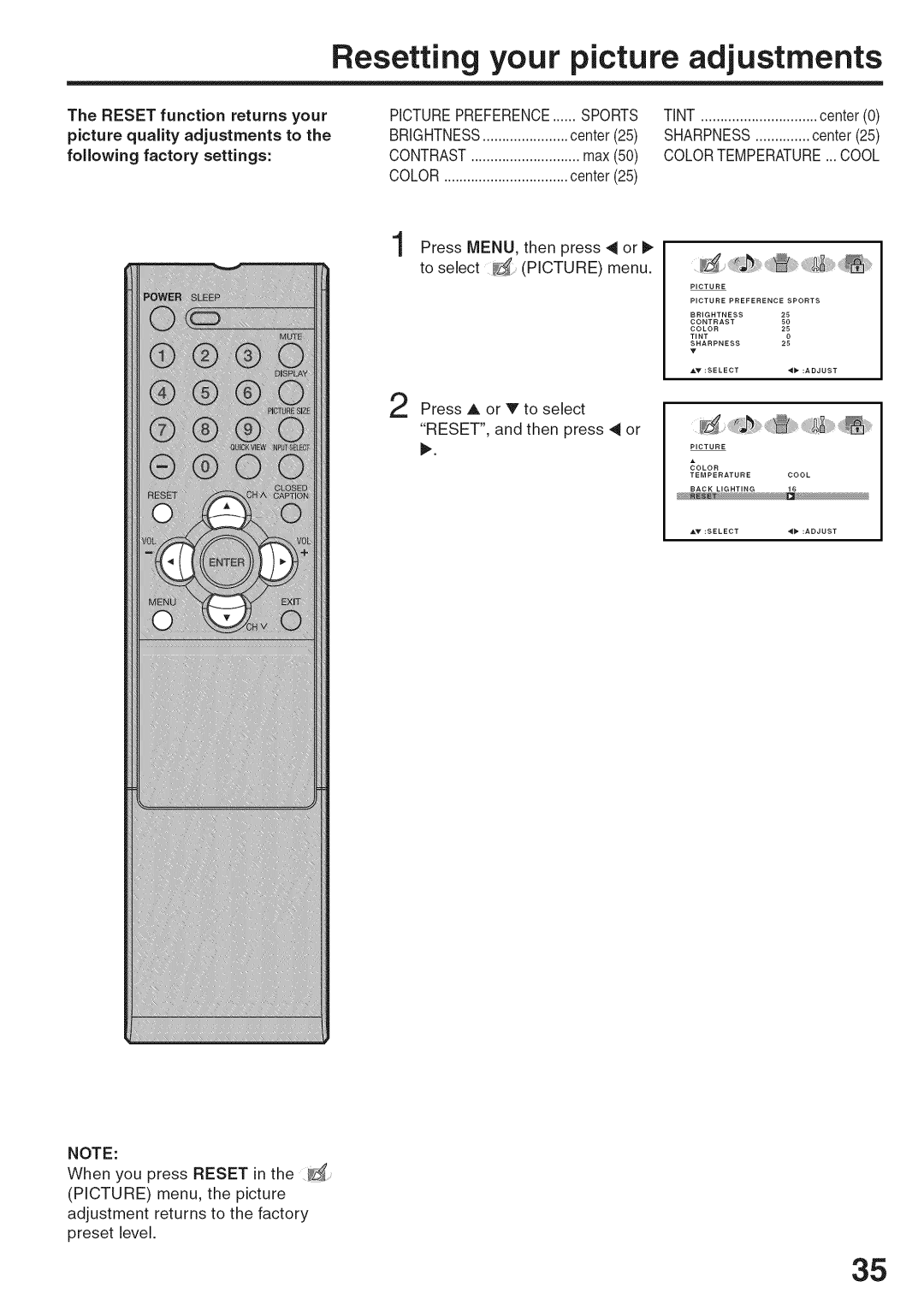 Sansui HDLCD3200A Resetting your picture adjustments, Reset function returns your picture quality adjustments to 