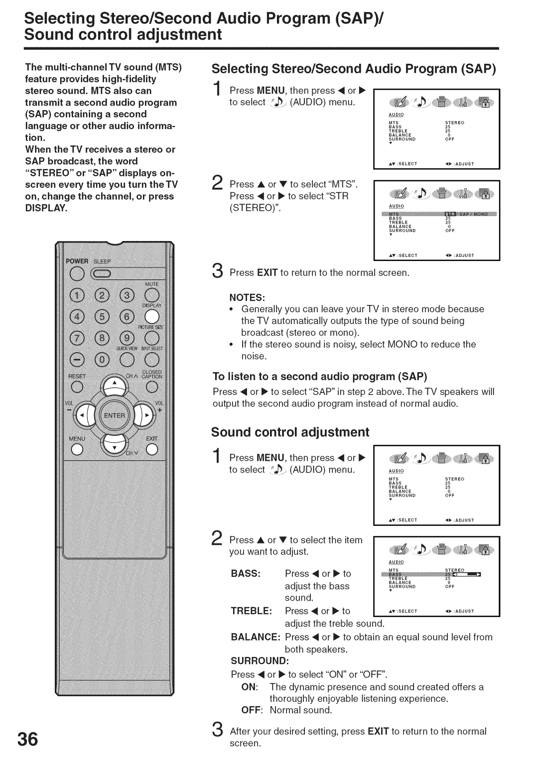 Sansui HDLCD3200A owner manual Sound control adjustment, When the TV receives a stereo or SAP broadcast, the word, Display 