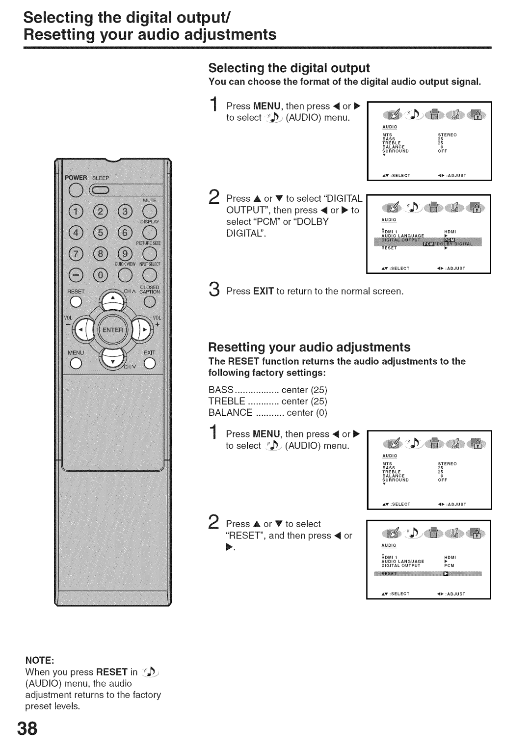 Sansui HDLCD3200A owner manual To select Audio menu, Digitals 