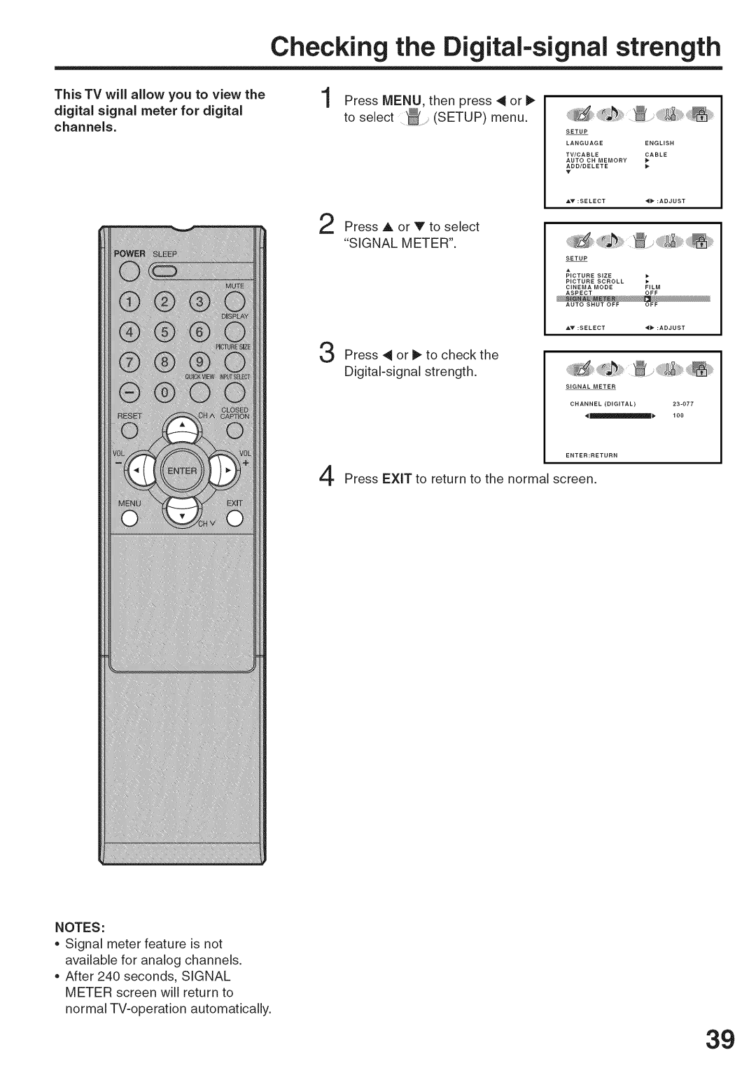 Sansui HDLCD3200A owner manual Checking the Digital-signal strength 