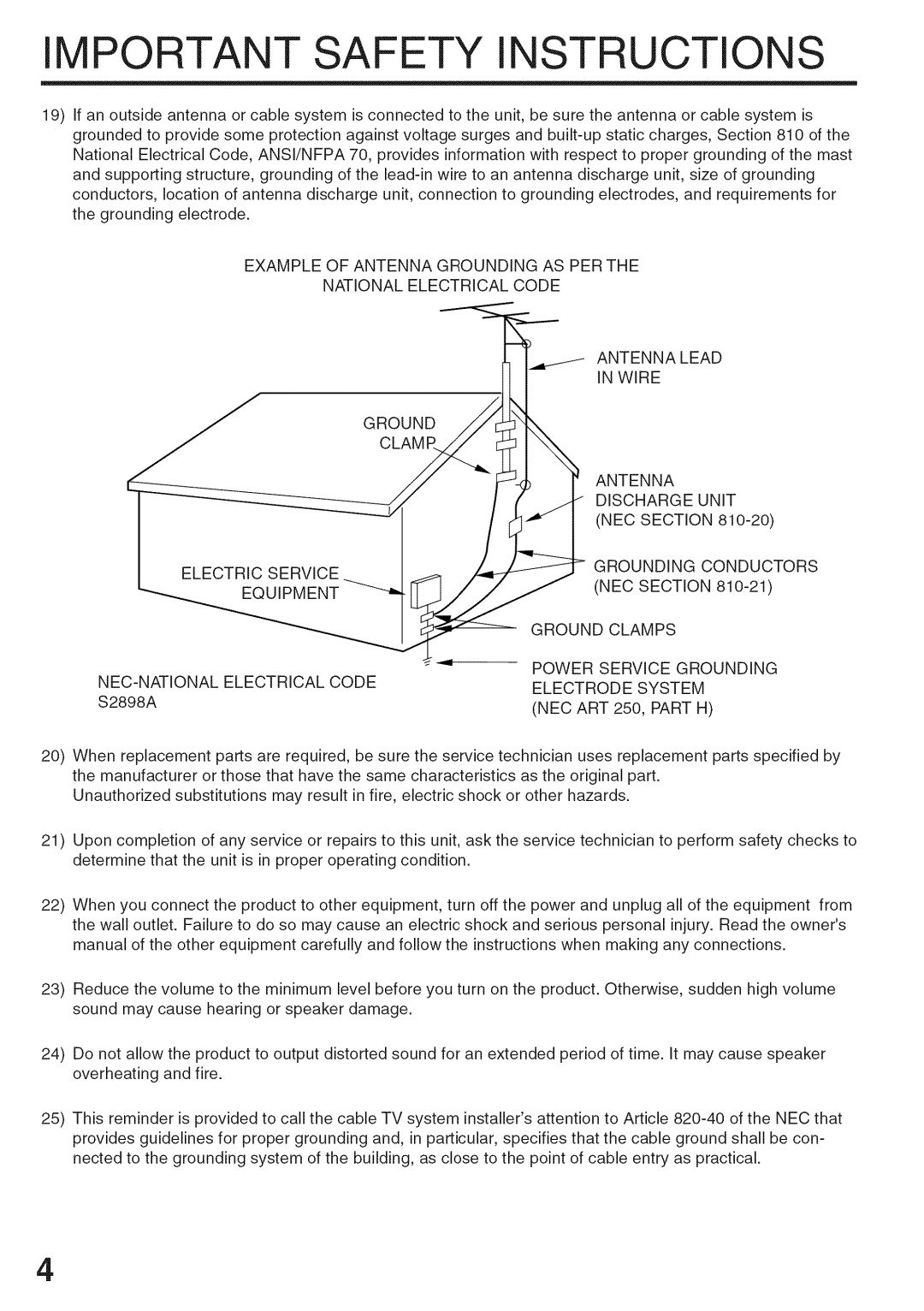 Sansui HDLCD3200A owner manual Portant Safety Instructions, NEC ART 250, Part H 