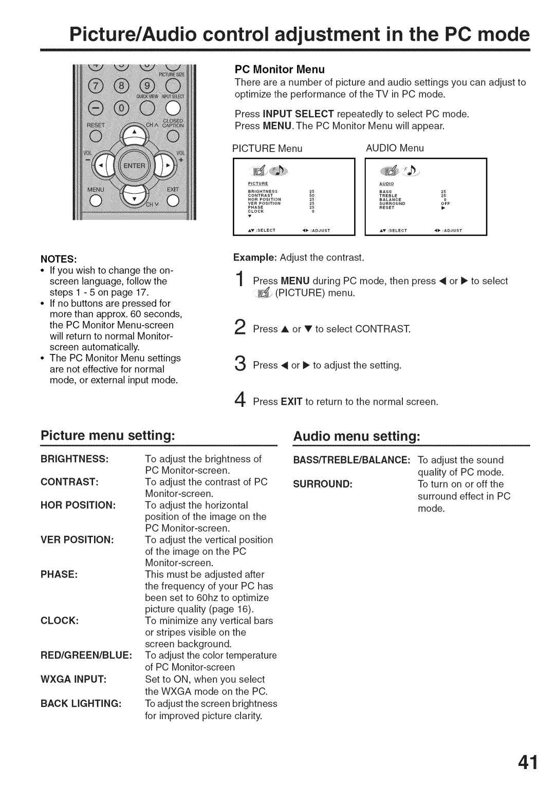 Sansui HDLCD3200A Picture/Audio control adjustment in the PC mode, Audio menu setting, Brightness Contrast HOR Position 