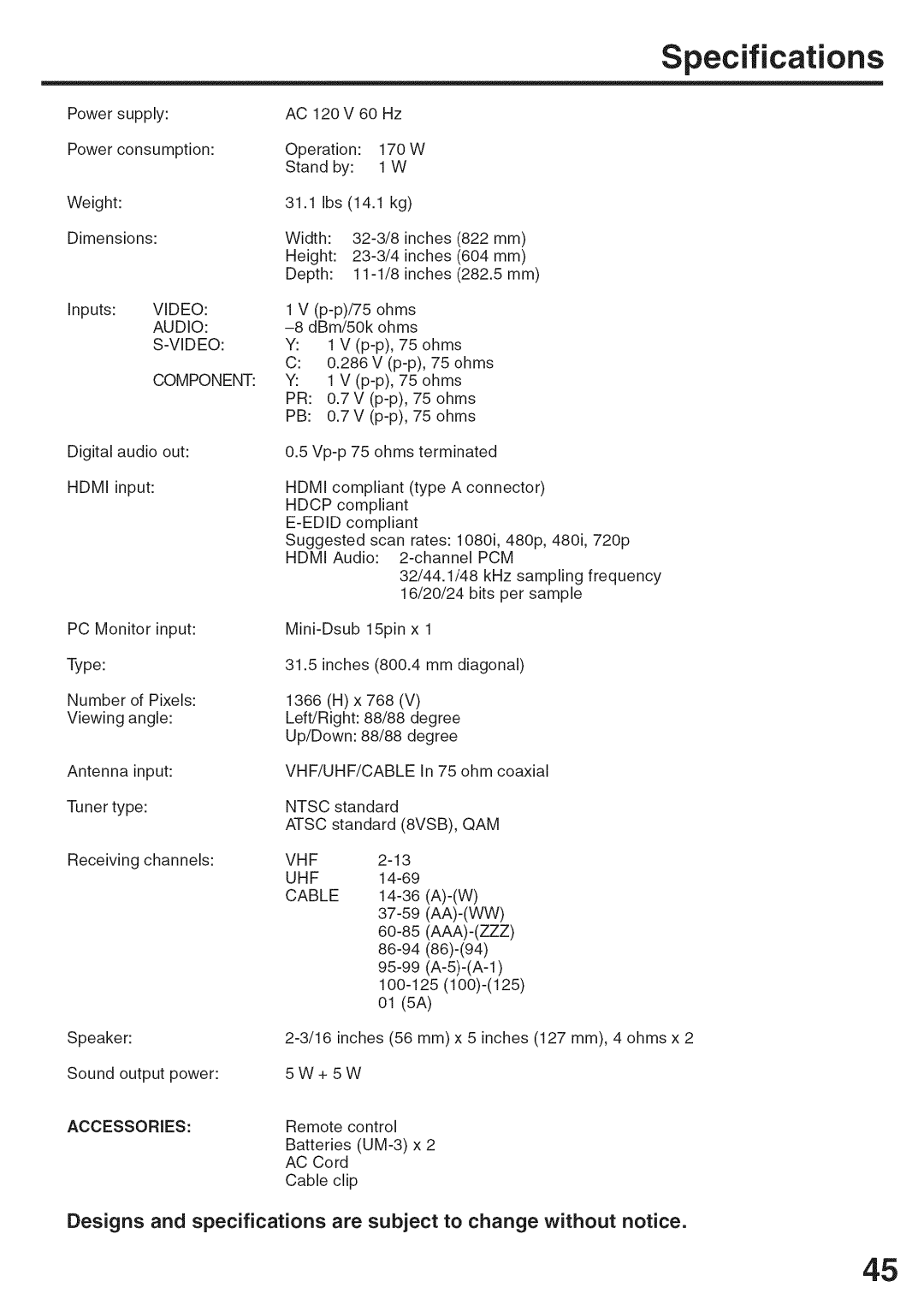 Sansui HDLCD3200A owner manual Specifications, Accessories 