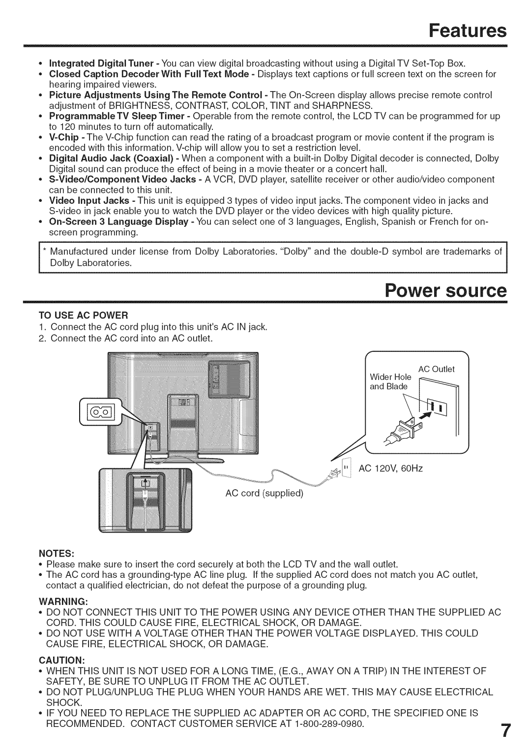 Sansui HDLCD3200A owner manual Features, To USE AC Power 