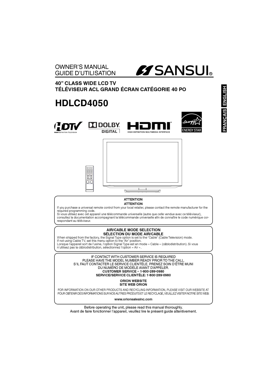 Sansui HDLCD4050 owner manual Customer Service, SERVICE/SERVICE Clientèle Orion Website Site WEB Orion 