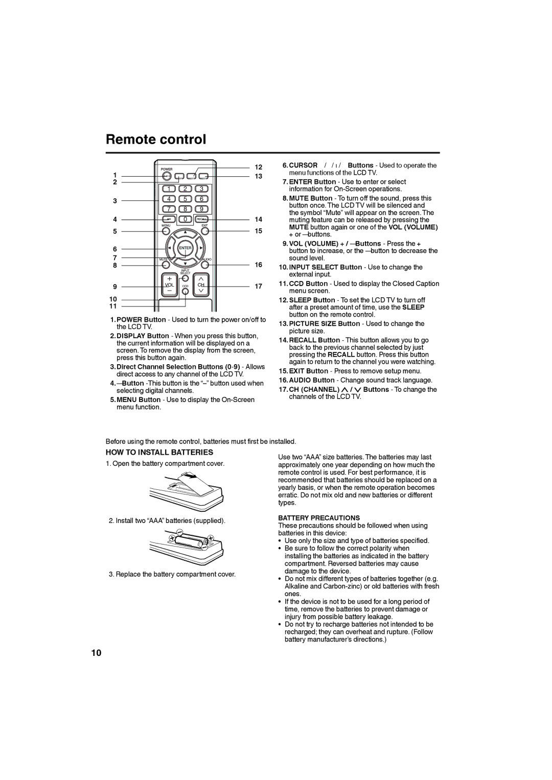 Sansui HDLCD4050 Remote control, Power Button Used to turn the power on/off to the LCD TV, CH Channel / Buttons To change 