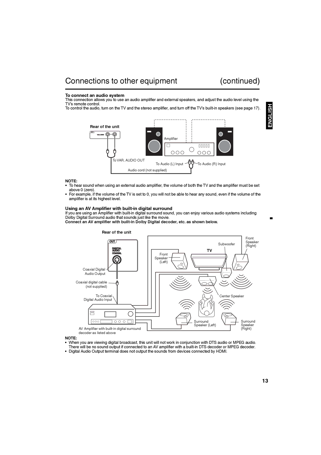 Sansui HDLCD4050 owner manual To connect an audio system, Using an AV Amplifier with built-in digital surround 