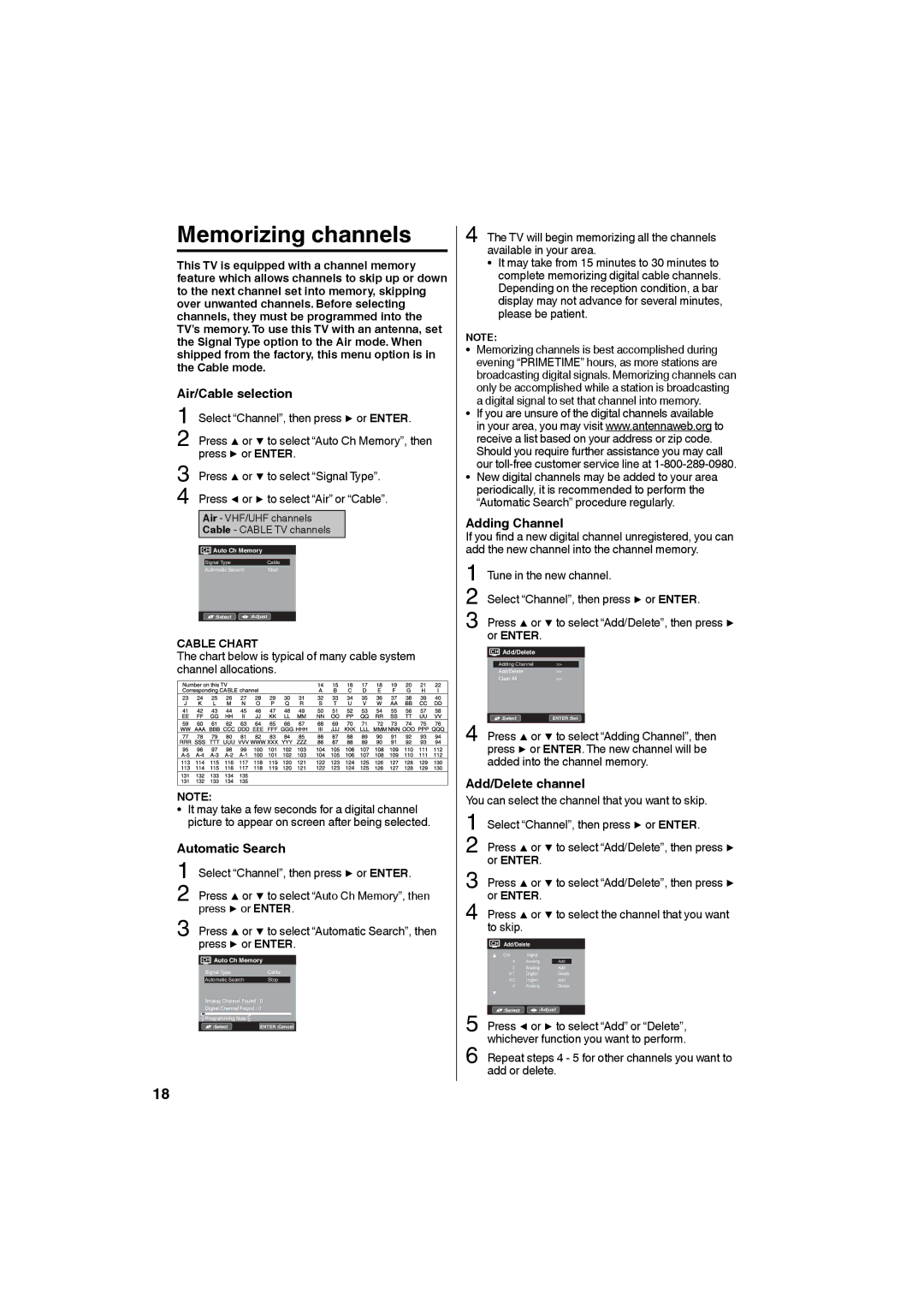 Sansui HDLCD4050 Memorizing channels, Air/Cable selection, Automatic Search, Adding Channel, Add/Delete channel 