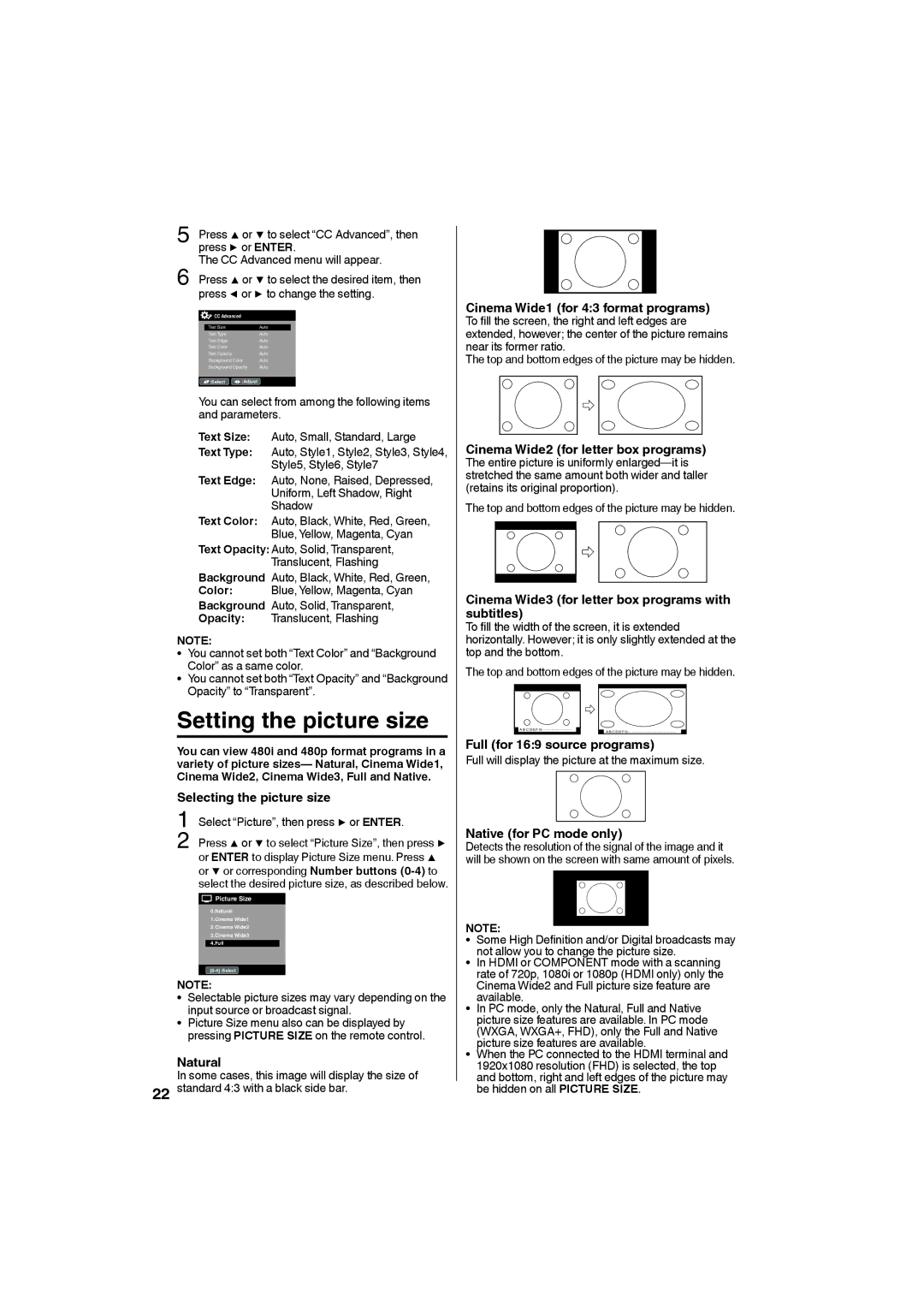 Sansui HDLCD4050 owner manual Setting the picture size 