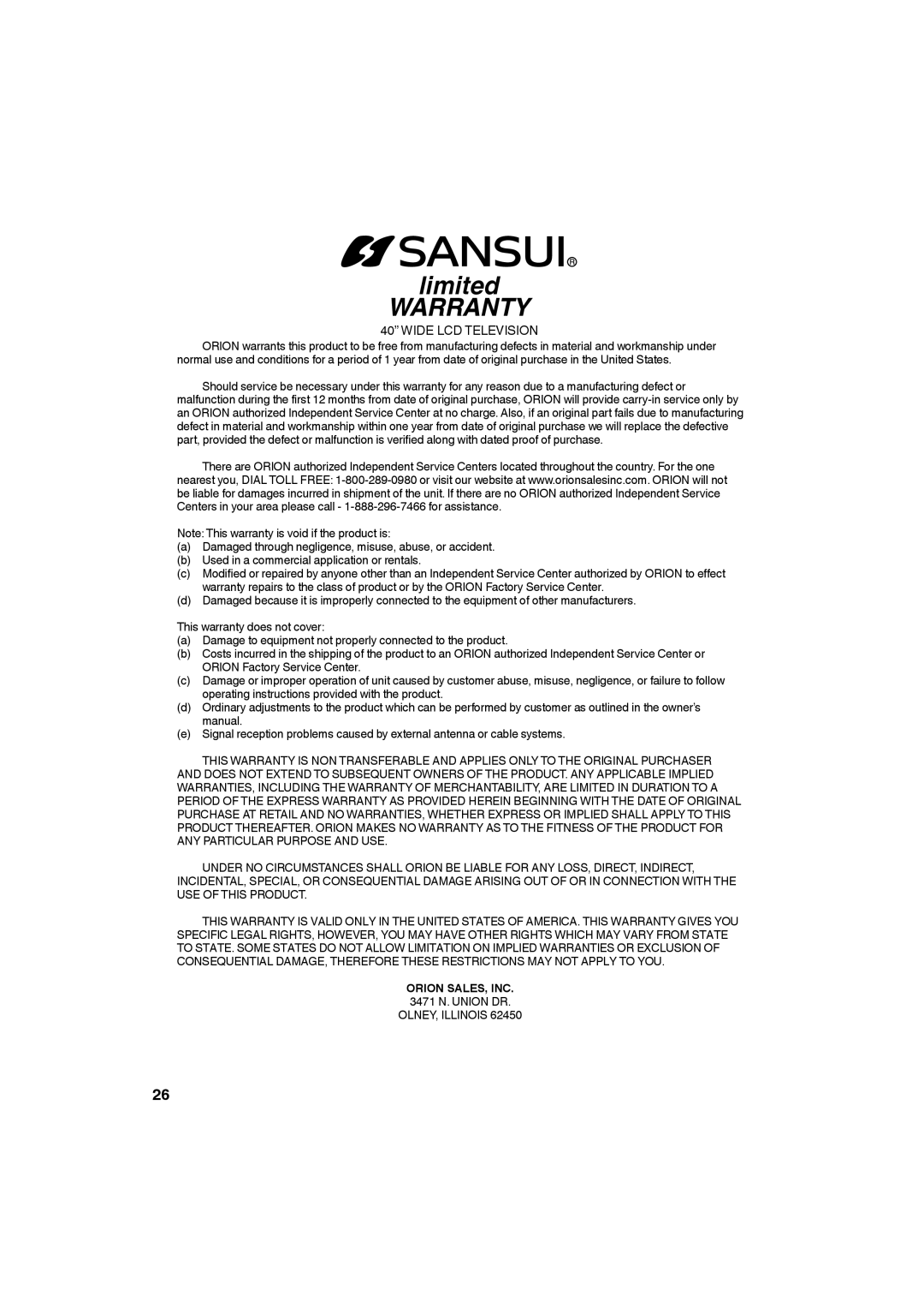 Sansui HDLCD4050 owner manual Orion SALES, INC, 3471 N. Union DR, OLNEY, Illinois 