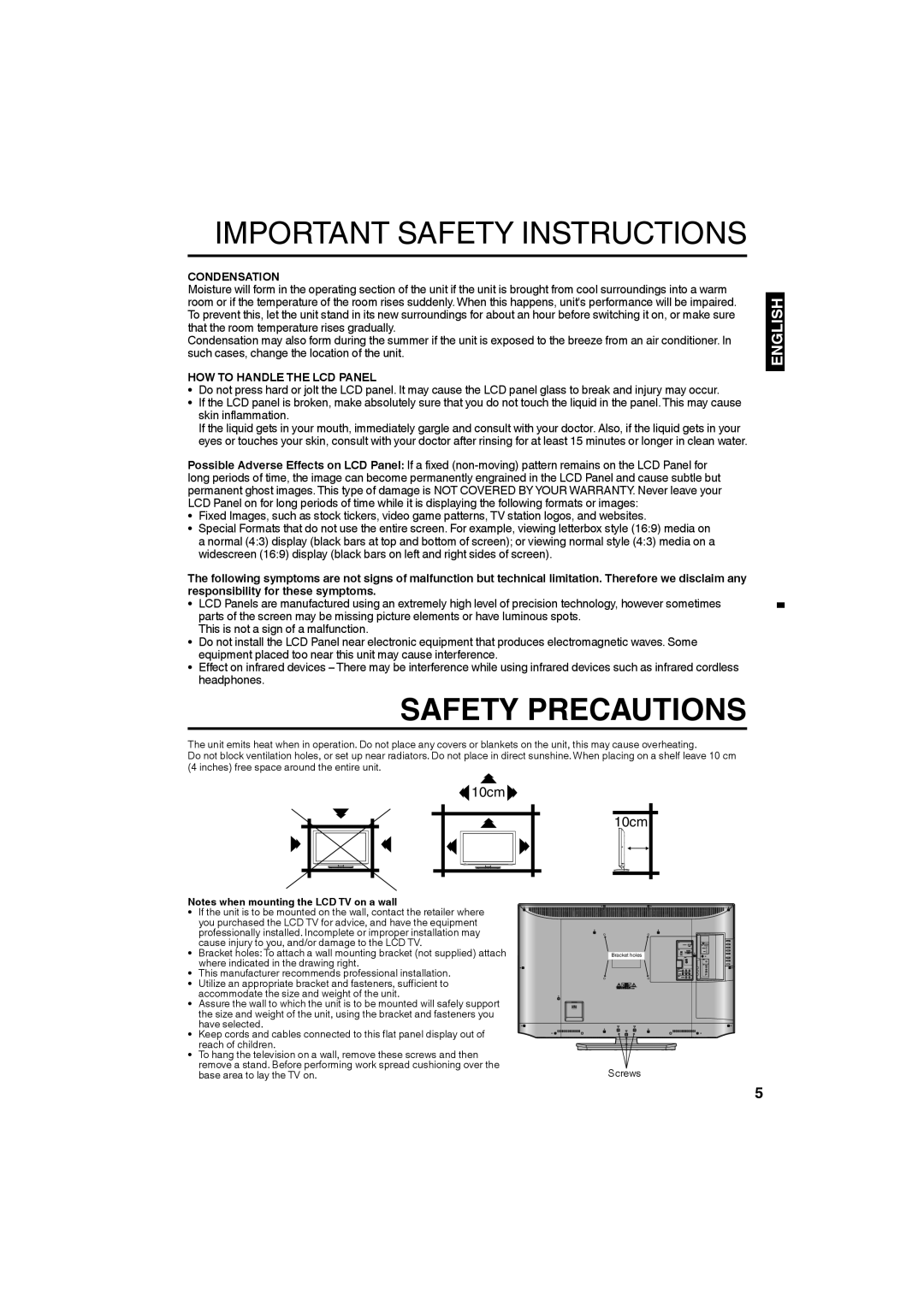 Sansui HDLCD4050 owner manual Condensation, HOW to Handle the LCD Panel 