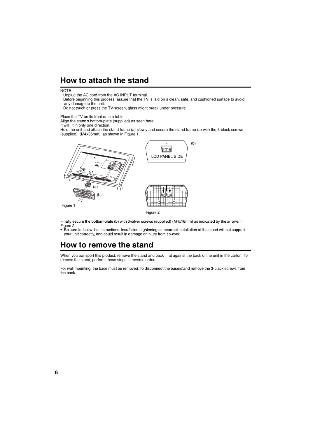 Sansui HDLCD4050 owner manual How to attach the stand, How to remove the stand, LCD Panel Side 